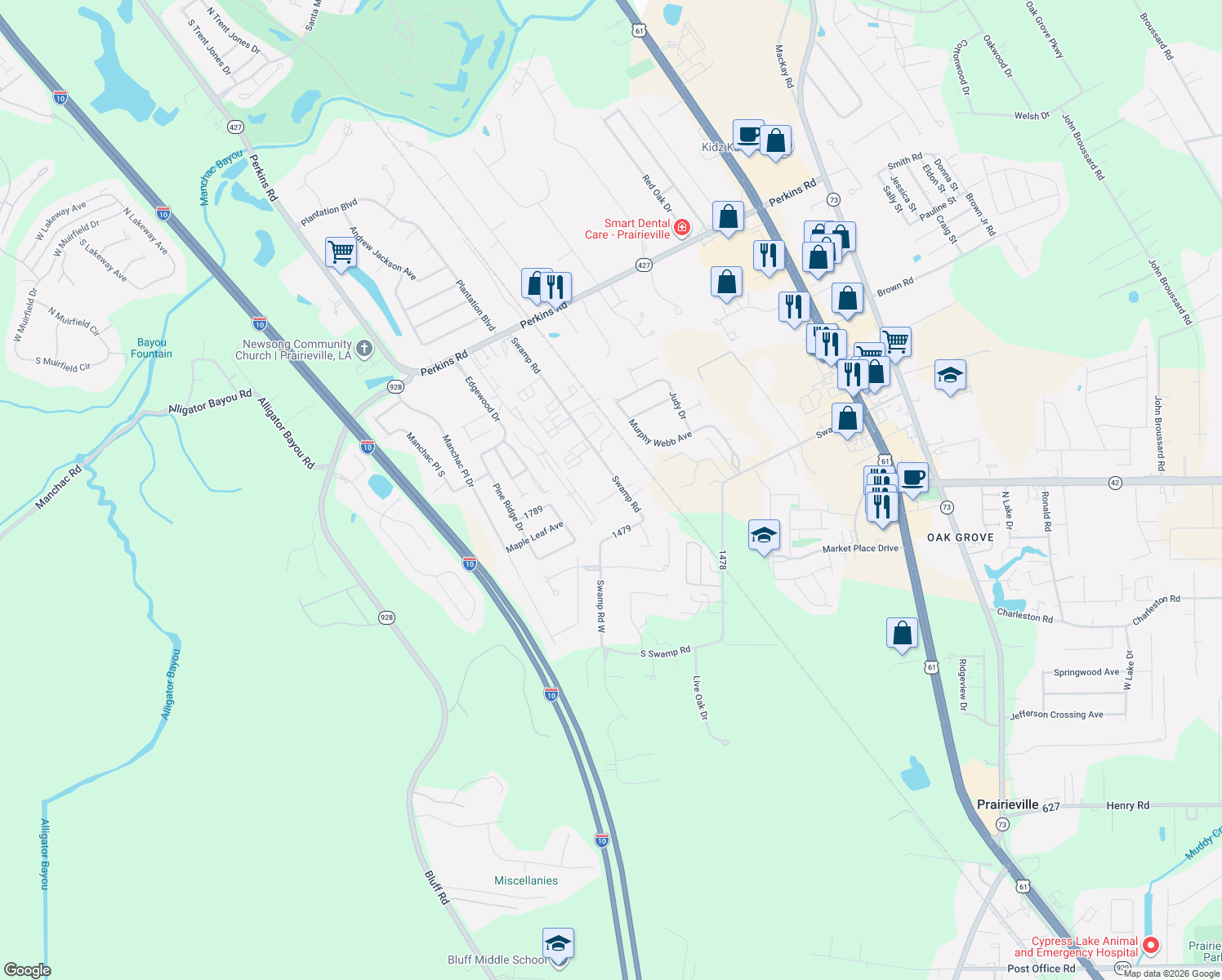 map of restaurants, bars, coffee shops, grocery stores, and more near 36516 Retreat Lane in Prairieville