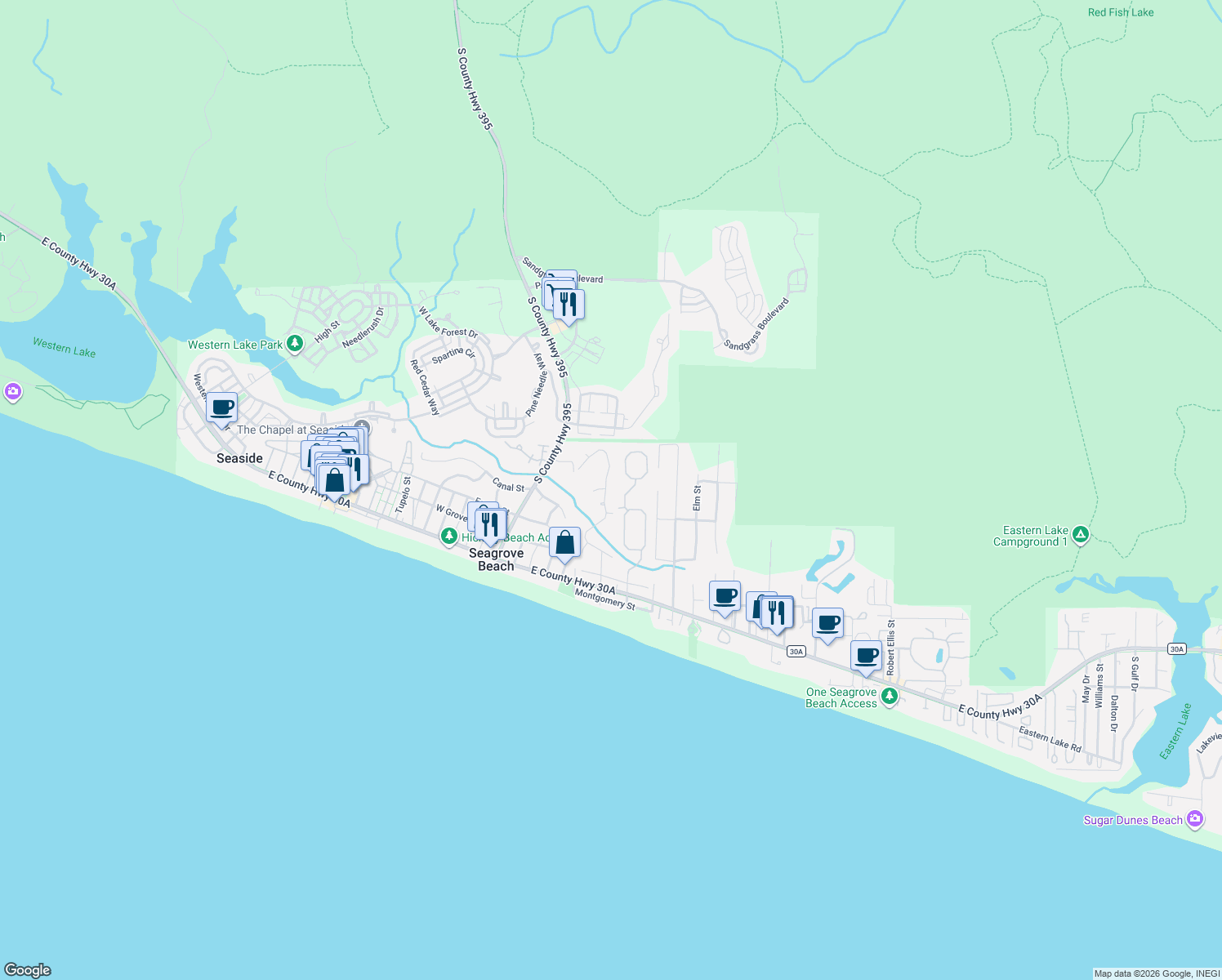 map of restaurants, bars, coffee shops, grocery stores, and more near 298 Wood Beach Drive in Santa Rosa Beach