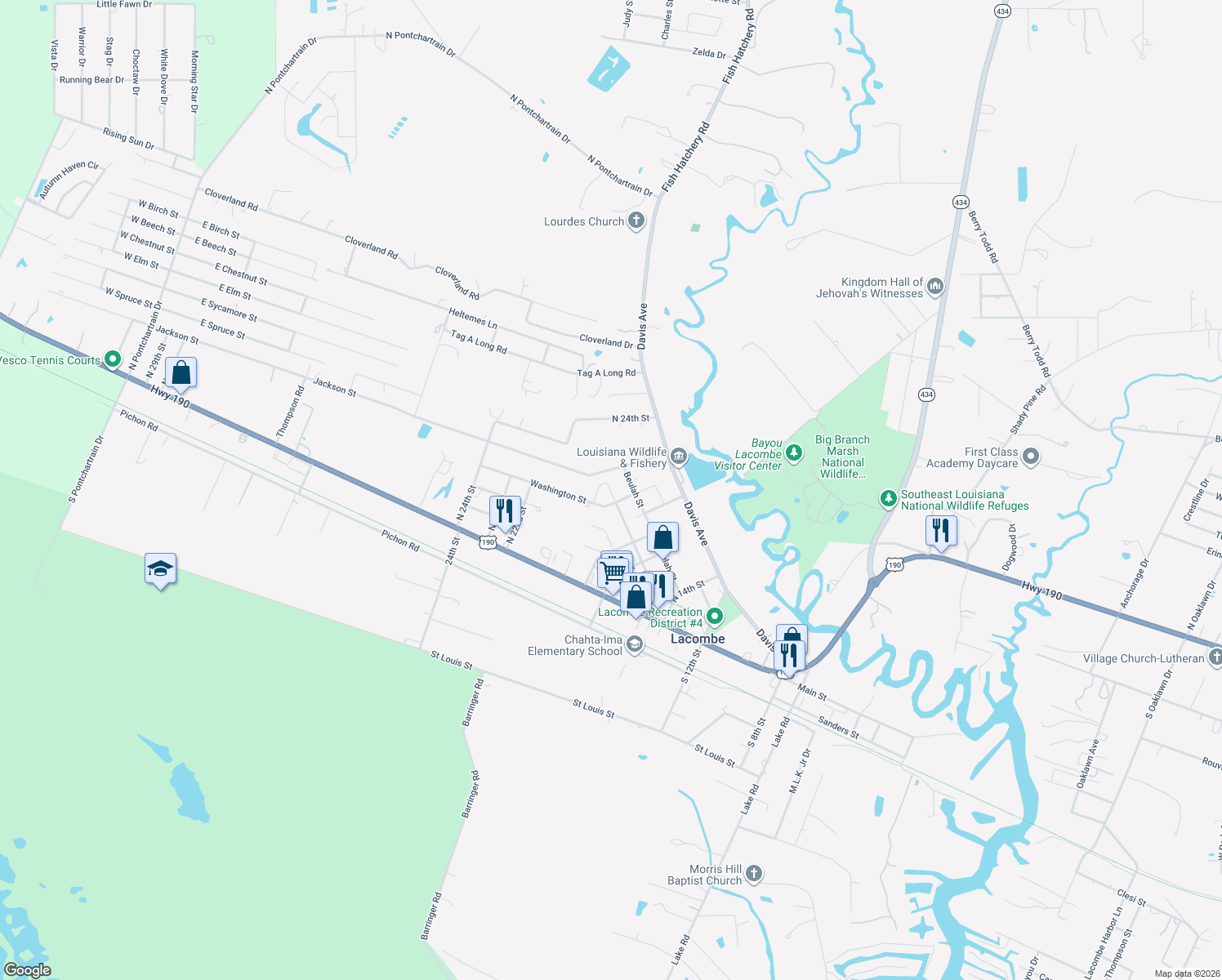 map of restaurants, bars, coffee shops, grocery stores, and more near 61087 North 15th Street in Lacombe