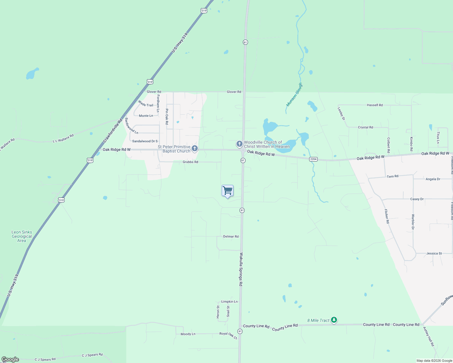 map of restaurants, bars, coffee shops, grocery stores, and more near 8617 Moore Woods Road in Tallahassee