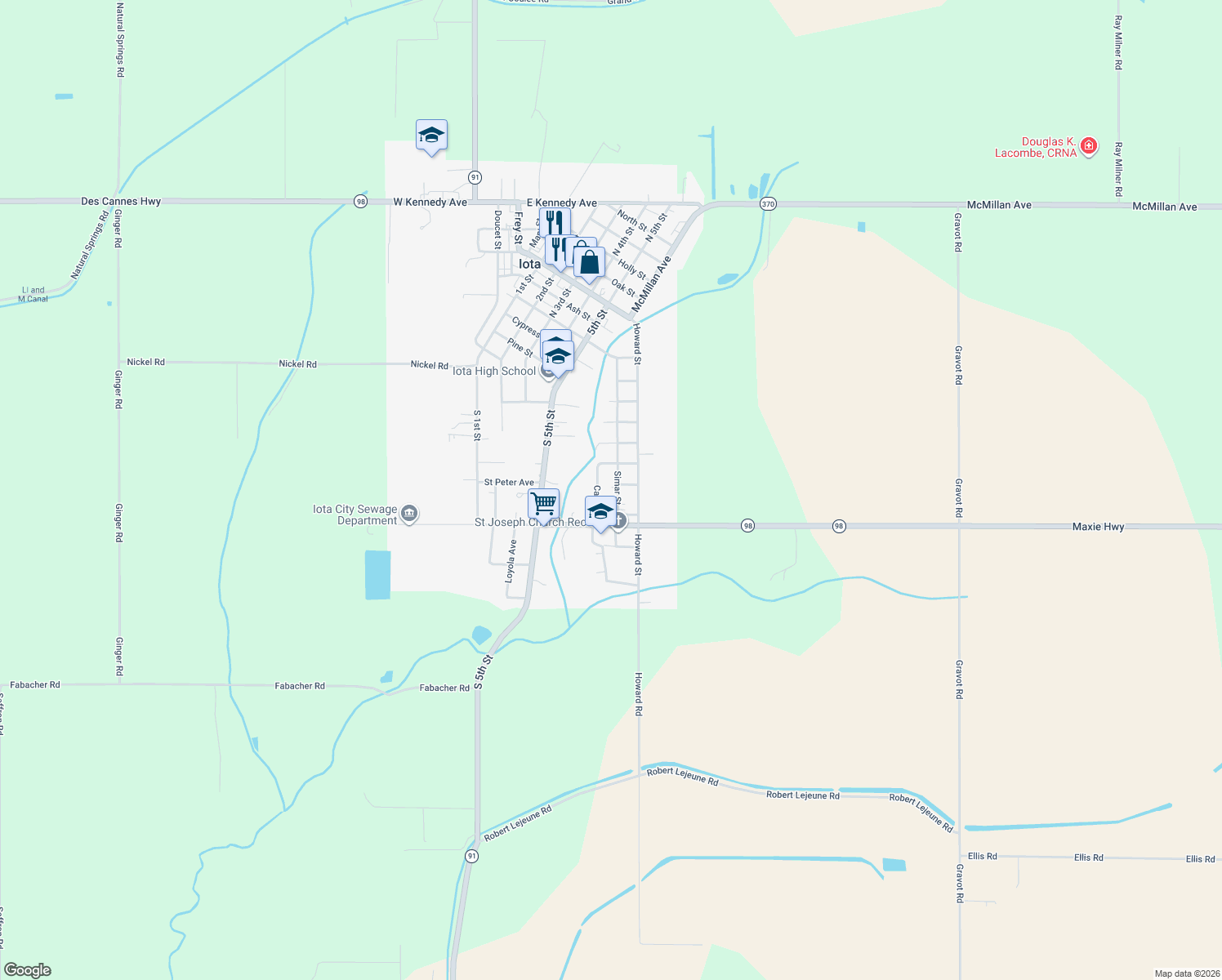 map of restaurants, bars, coffee shops, grocery stores, and more near 716 Simar St in Iota