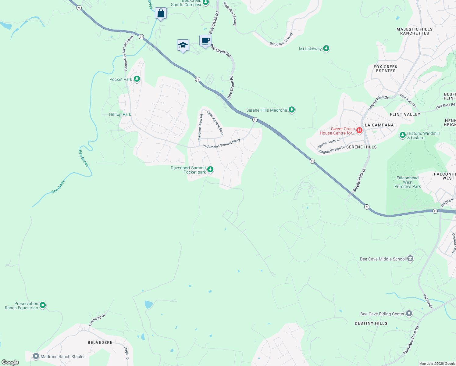 map of restaurants, bars, coffee shops, grocery stores, and more near 6112 Antelope Well Lane in Austin