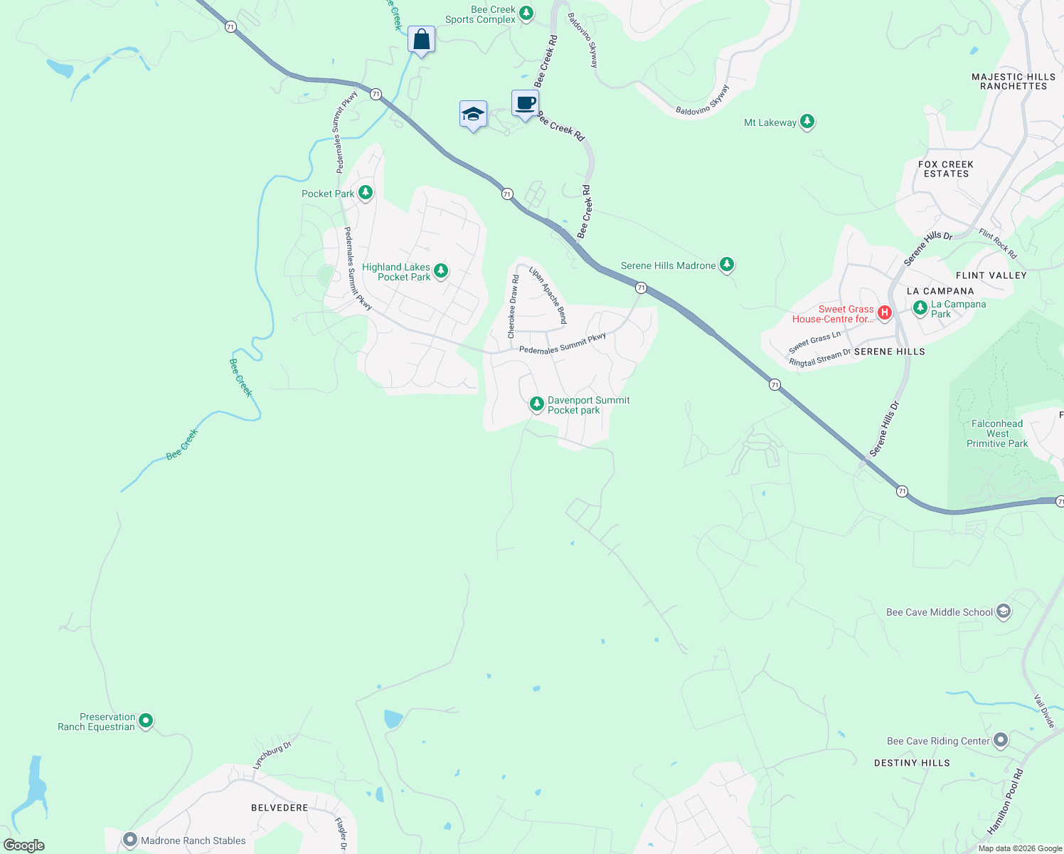 map of restaurants, bars, coffee shops, grocery stores, and more near 6801 Davenport Divide Road in Austin