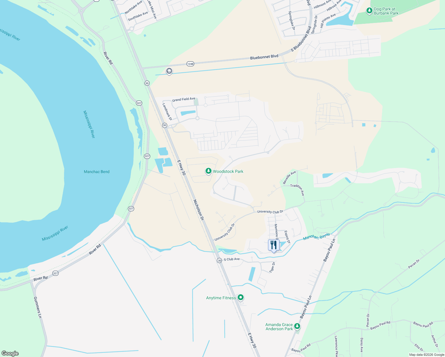 map of restaurants, bars, coffee shops, grocery stores, and more near 15012 Copping Drive in Baton Rouge