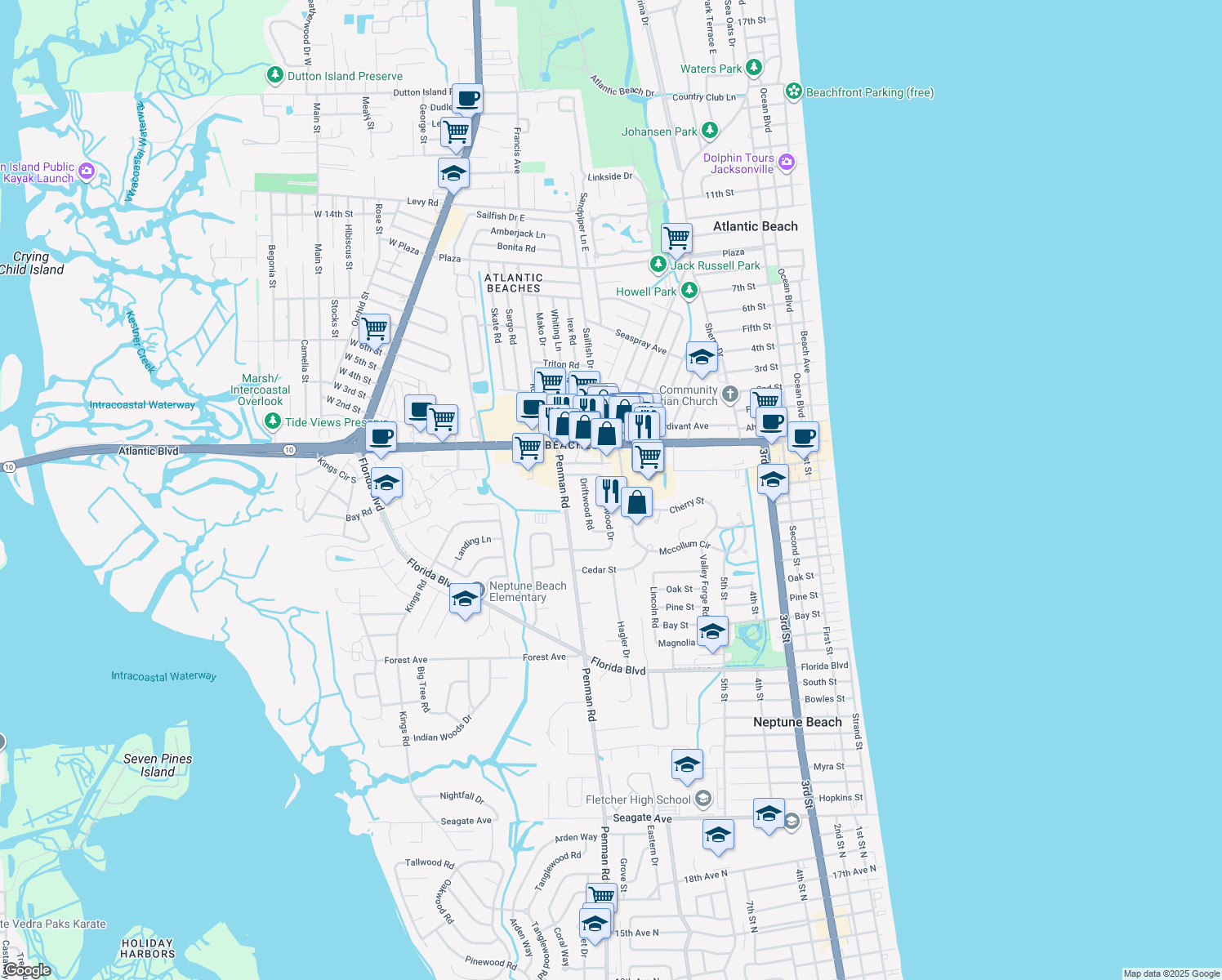 map of restaurants, bars, coffee shops, grocery stores, and more near 301 Oceanwood Drive in Neptune Beach