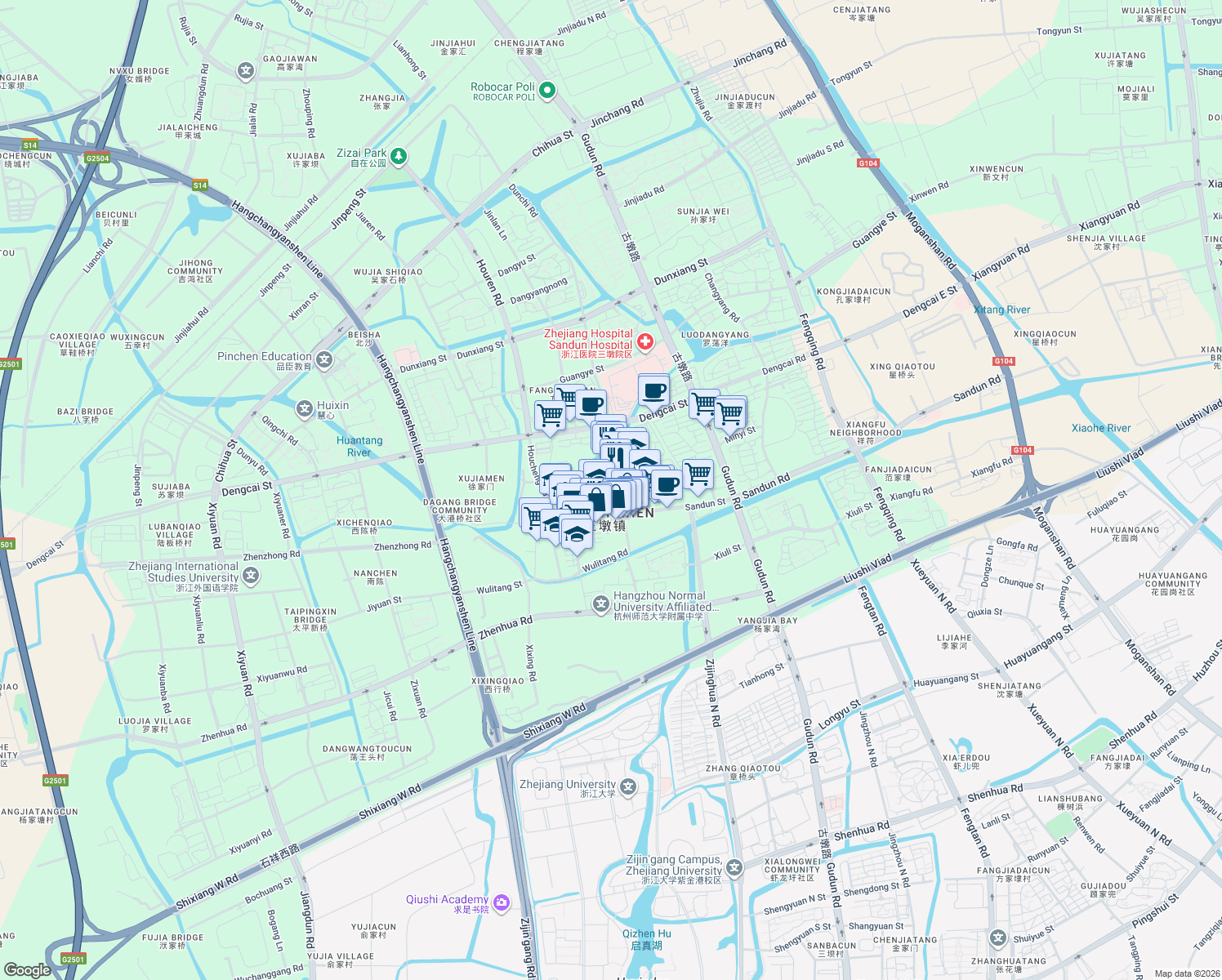 map of restaurants, bars, coffee shops, grocery stores, and more near in Hangzhou