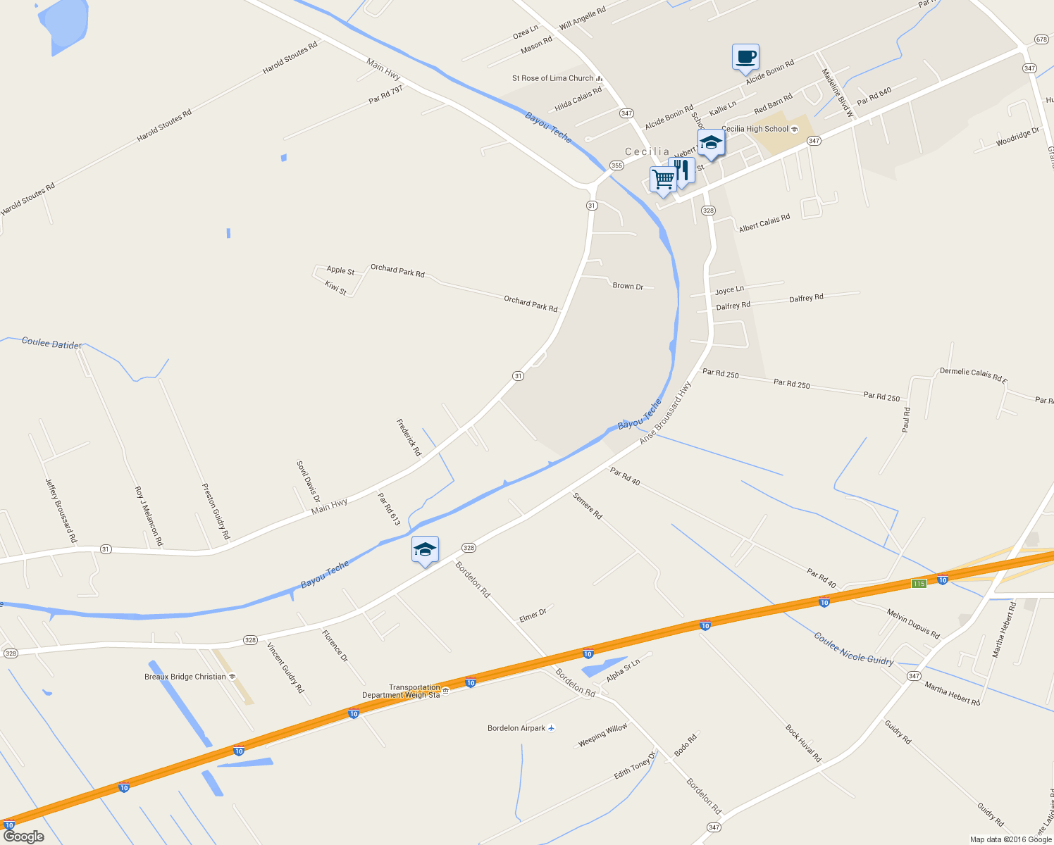 map of restaurants, bars, coffee shops, grocery stores, and more near 2475 Main Highway in Breaux Bridge