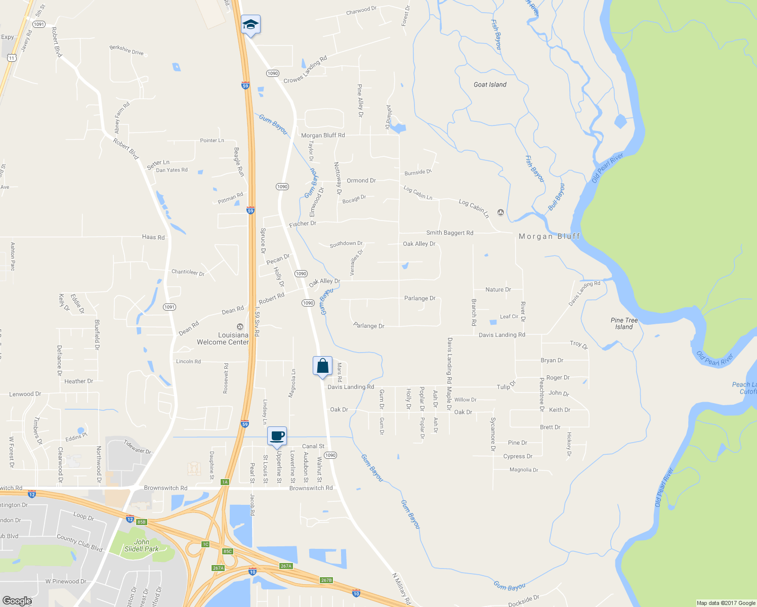 map of restaurants, bars, coffee shops, grocery stores, and more near 406 Parlange Drive in Pearl River