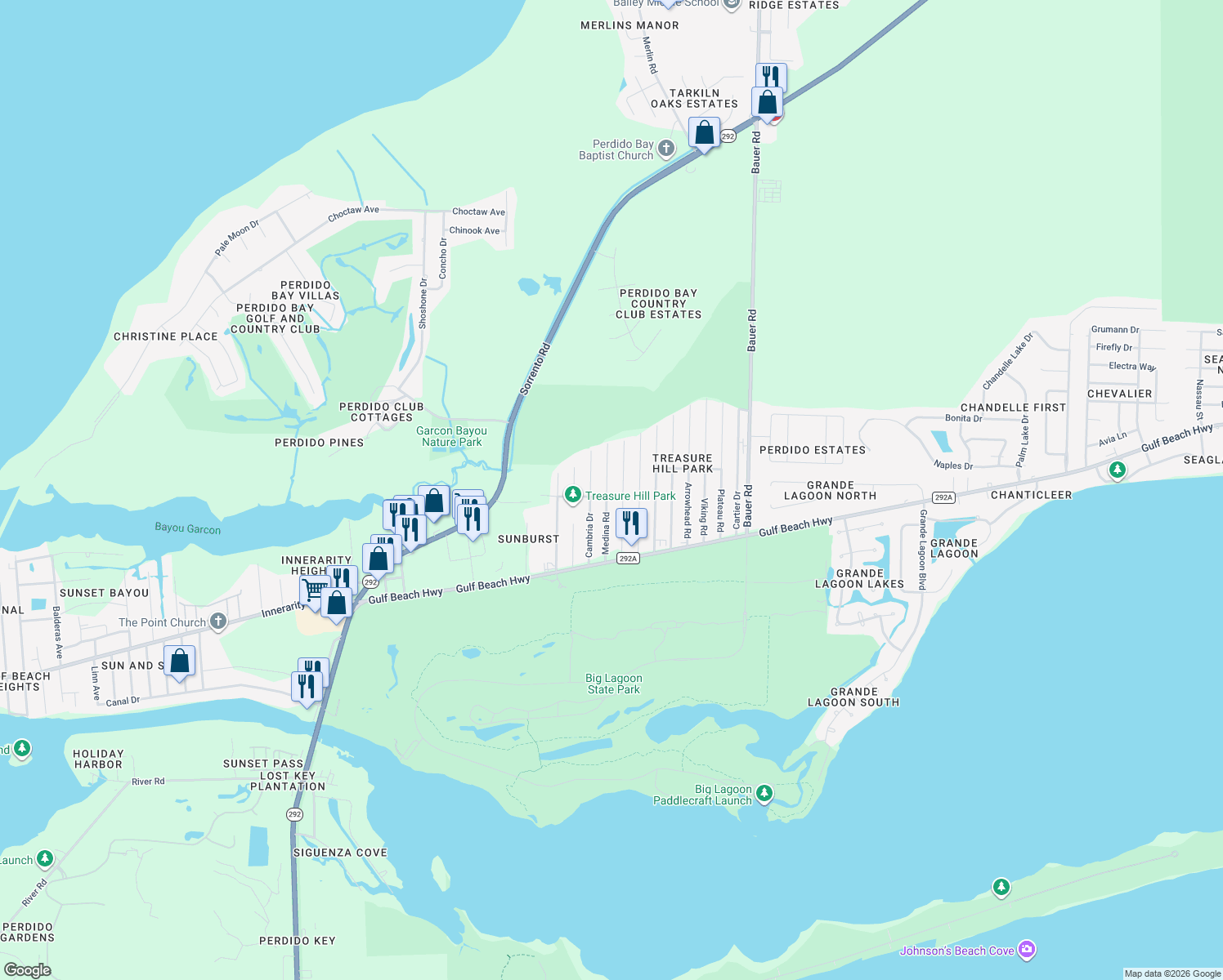 map of restaurants, bars, coffee shops, grocery stores, and more near 5238 Medina Road in Pensacola