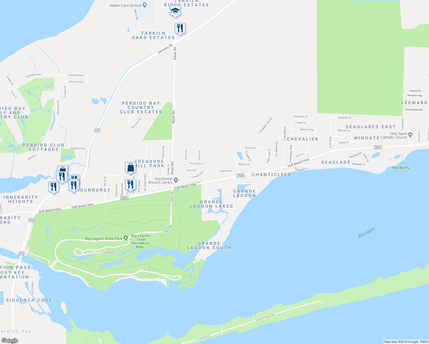 map of restaurants, bars, coffee shops, grocery stores, and more near 12021 Longwood Dr in Pensacola