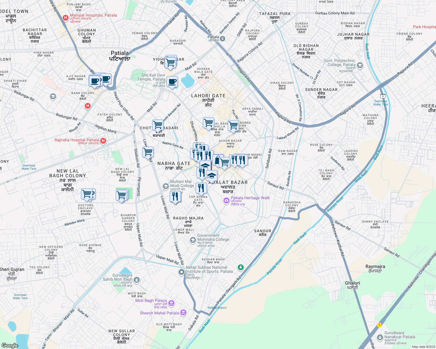 map of restaurants, bars, coffee shops, grocery stores, and more near Dooma Wali Gali in Patiala