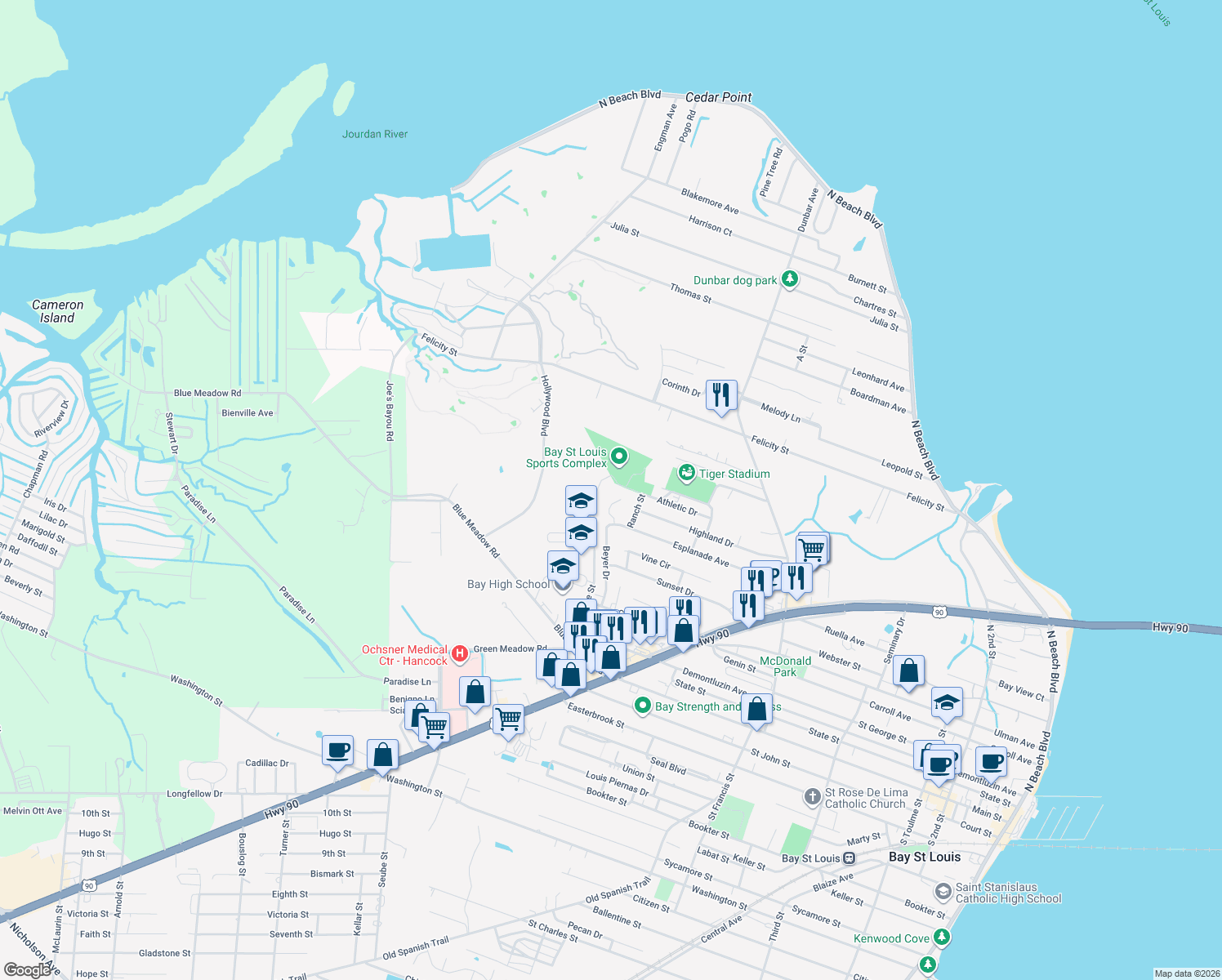 map of restaurants, bars, coffee shops, grocery stores, and more near 4 Wood Place in Bay St. Louis