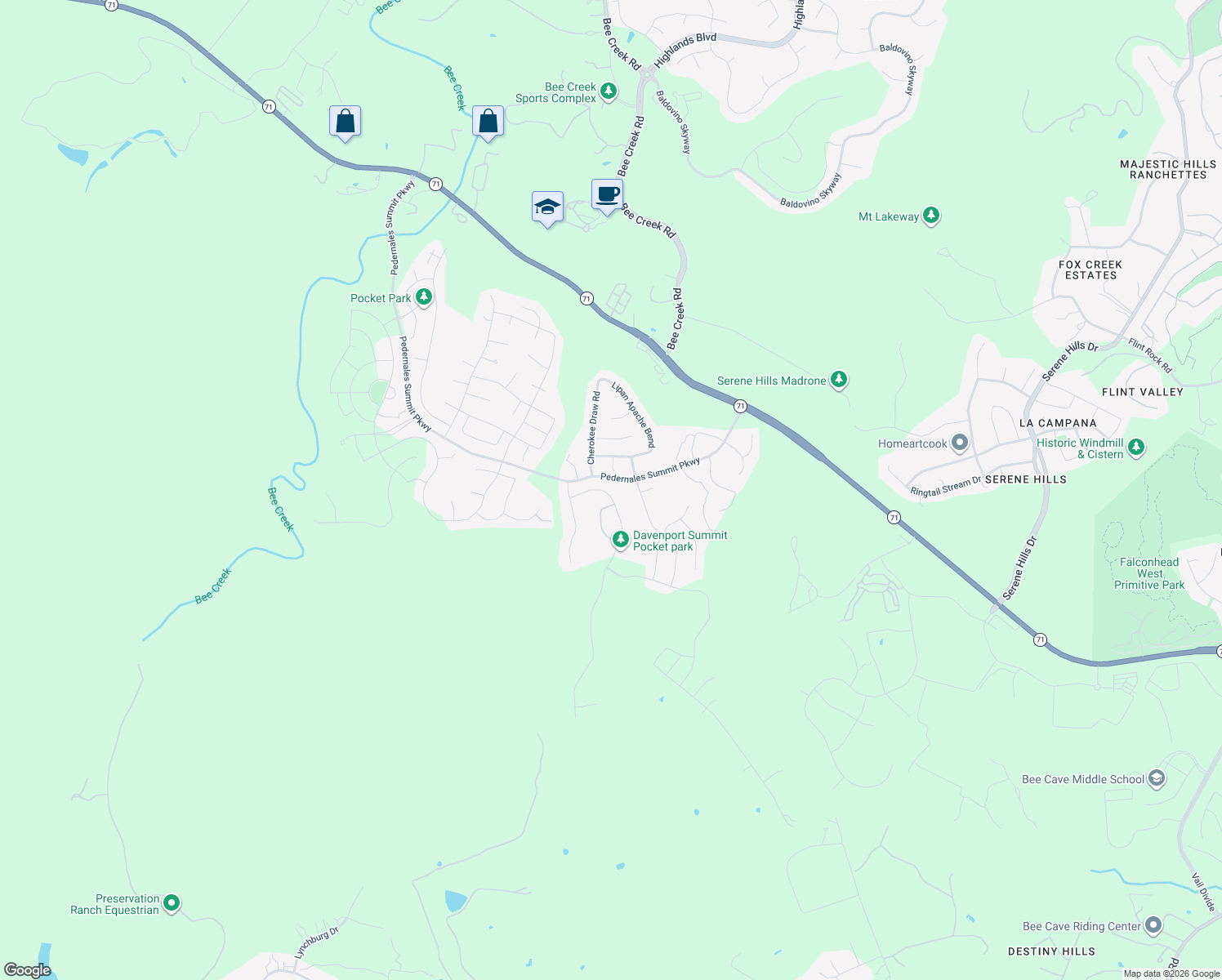 map of restaurants, bars, coffee shops, grocery stores, and more near 5913 Davenport Divide Road in Austin
