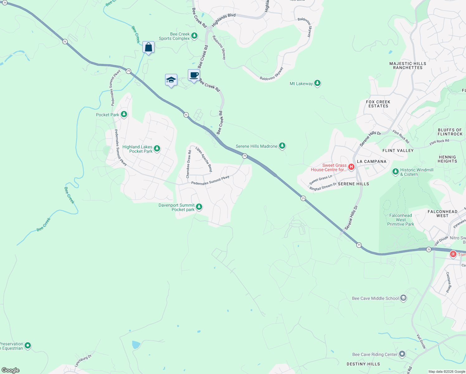 map of restaurants, bars, coffee shops, grocery stores, and more near 17805 Limestone Spring Lane in The Hills