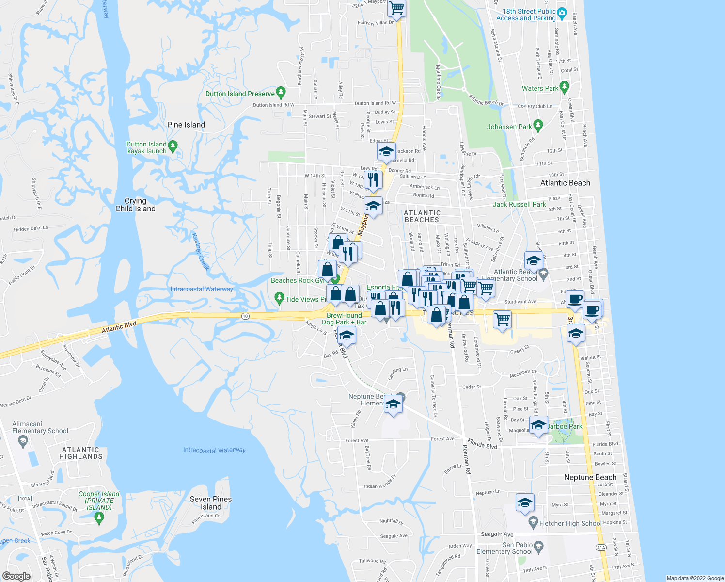 map of restaurants, bars, coffee shops, grocery stores, and more near 1085 Atlantic Boulevard in Atlantic Beach