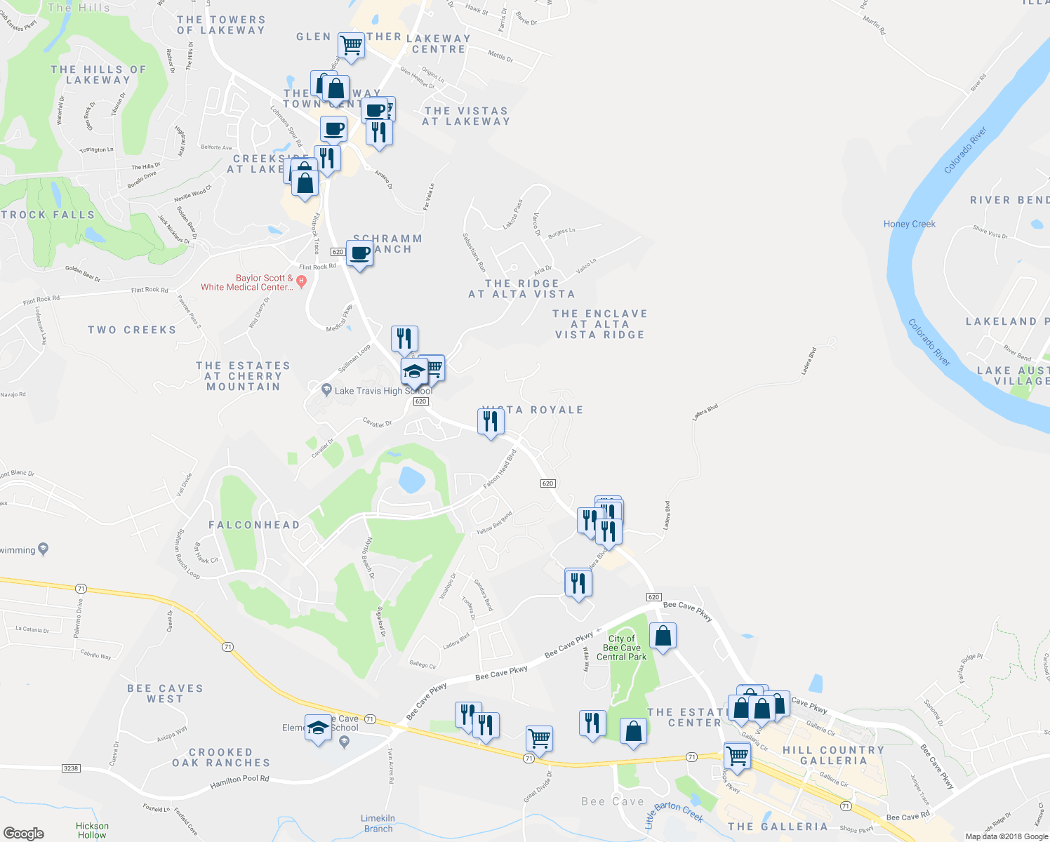 map of restaurants, bars, coffee shops, grocery stores, and more near 3499 Ranch Road 620 South in Austin