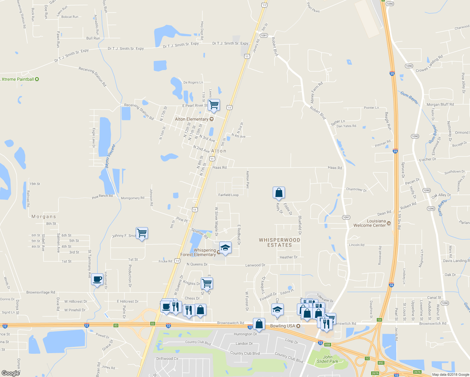 map of restaurants, bars, coffee shops, grocery stores, and more near 820 Regent Parc Boulevard in Slidell