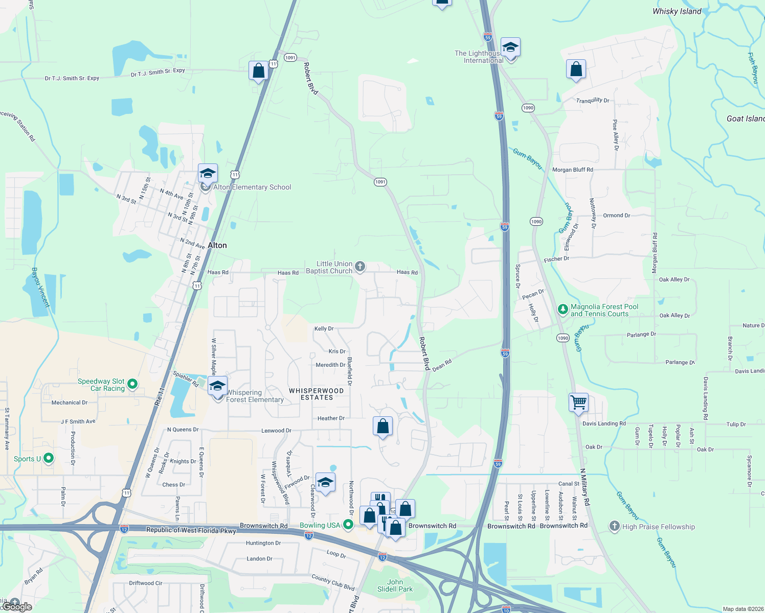 map of restaurants, bars, coffee shops, grocery stores, and more near 14-16 Hunters Creek Road in Slidell