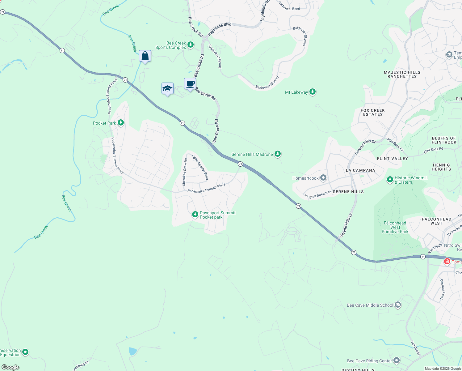 map of restaurants, bars, coffee shops, grocery stores, and more near 5408 Pedernales Summit Parkway in Spicewood