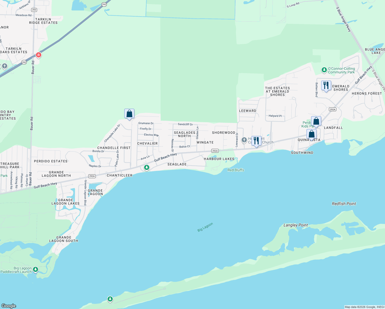map of restaurants, bars, coffee shops, grocery stores, and more near 11011 Gulf Beach Highway in Pensacola
