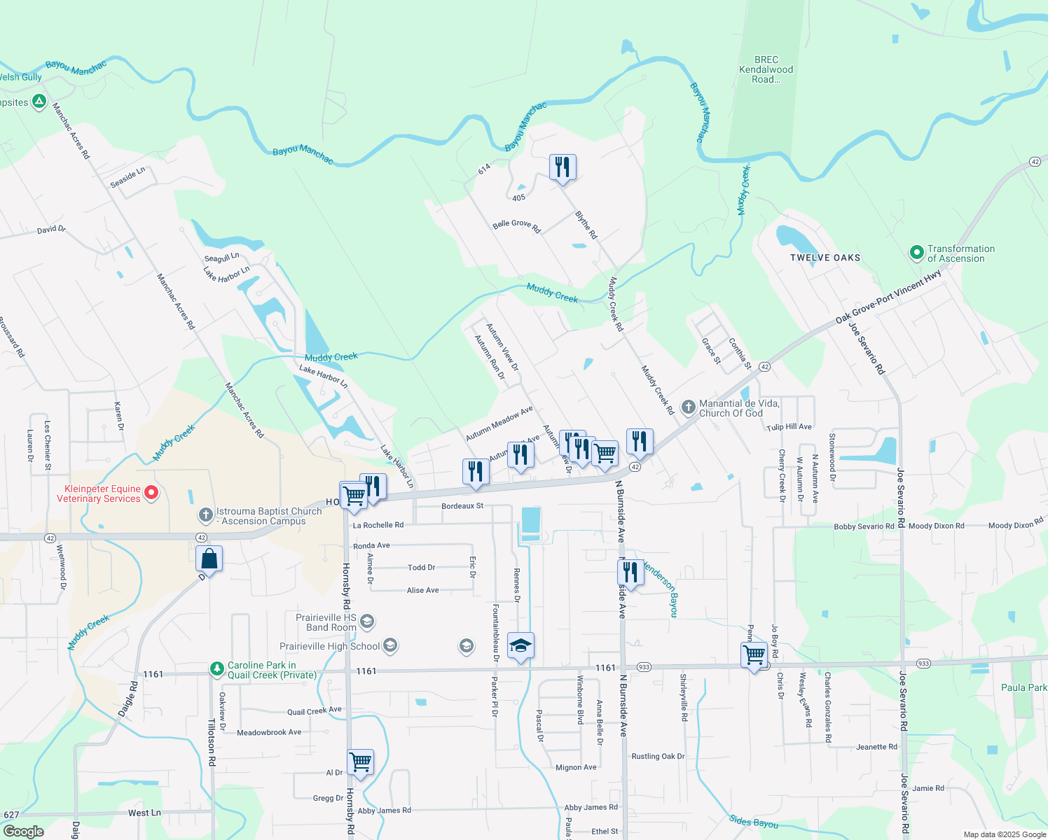 map of restaurants, bars, coffee shops, grocery stores, and more near 40147 Autumn Meadow Avenue in Prairieville