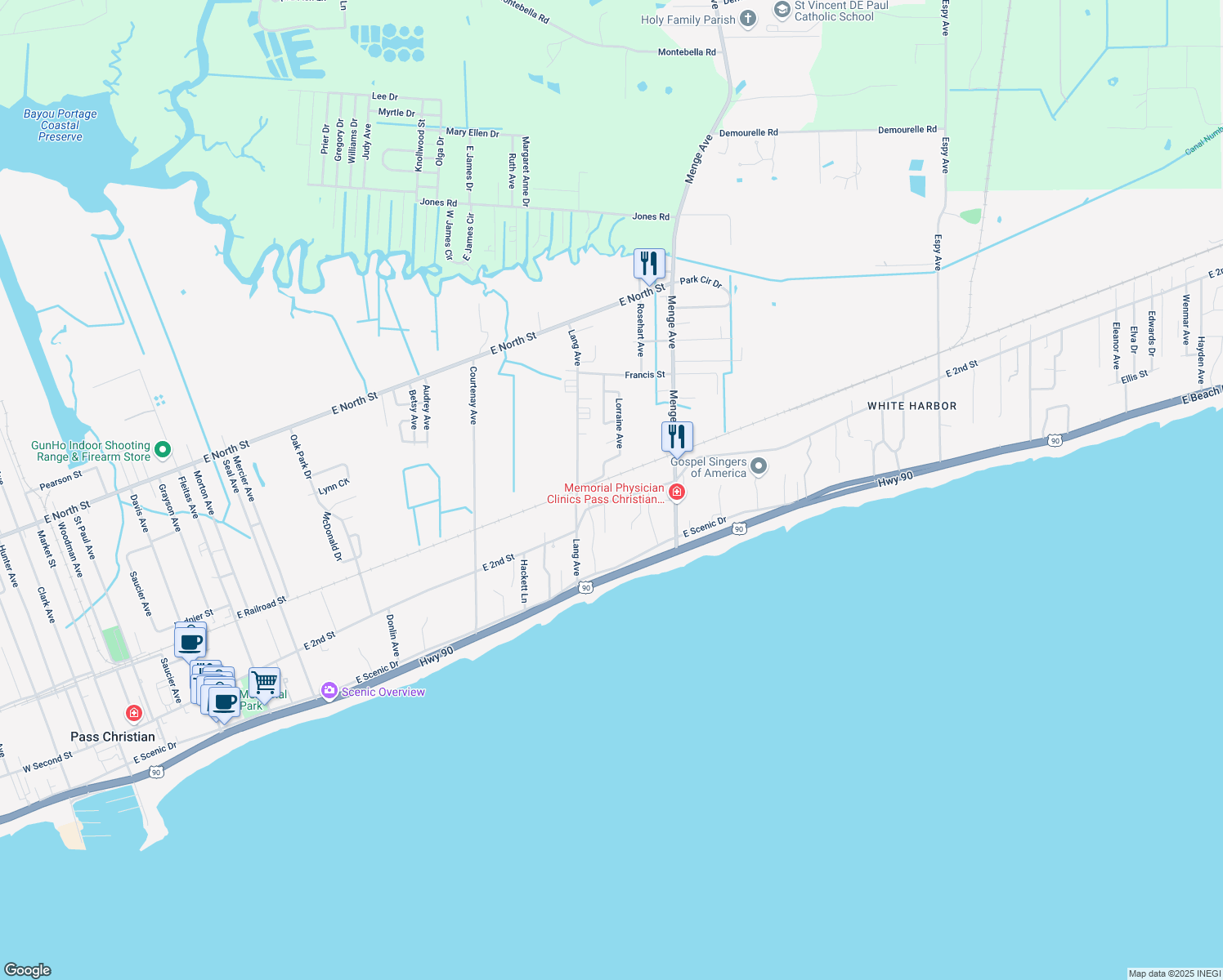map of restaurants, bars, coffee shops, grocery stores, and more near 823 E 2nd St in Pass Christian