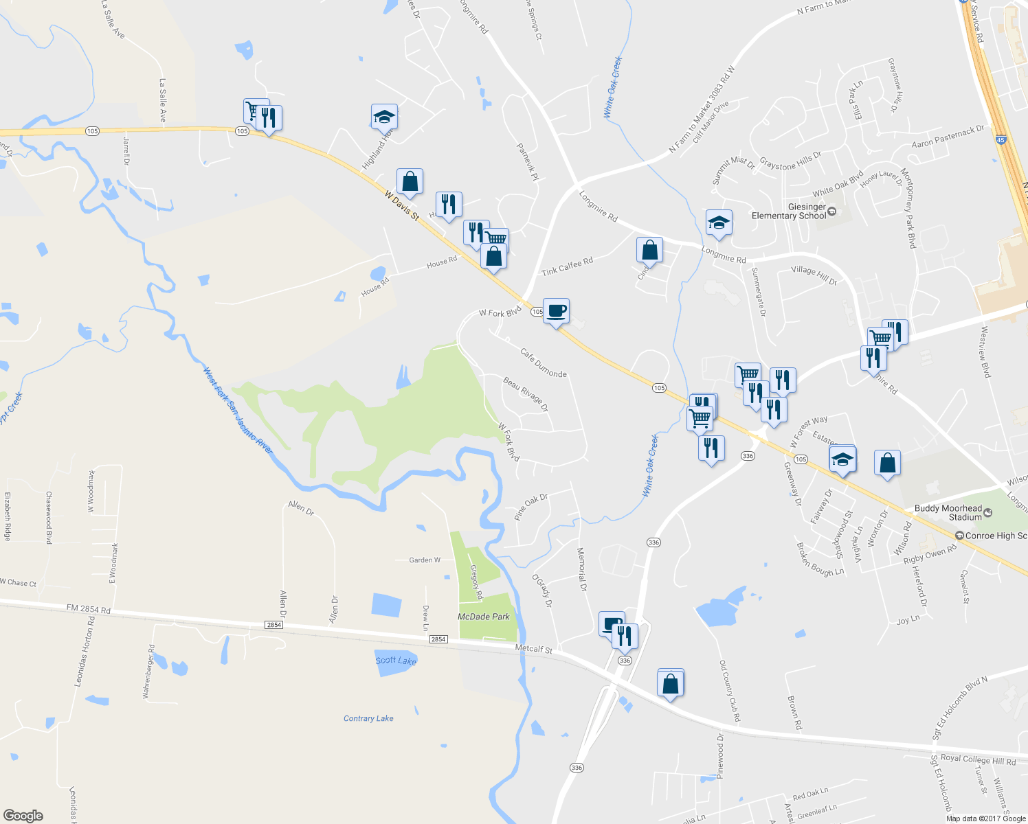 map of restaurants, bars, coffee shops, grocery stores, and more near 4848 Bayou Saint John in Conroe