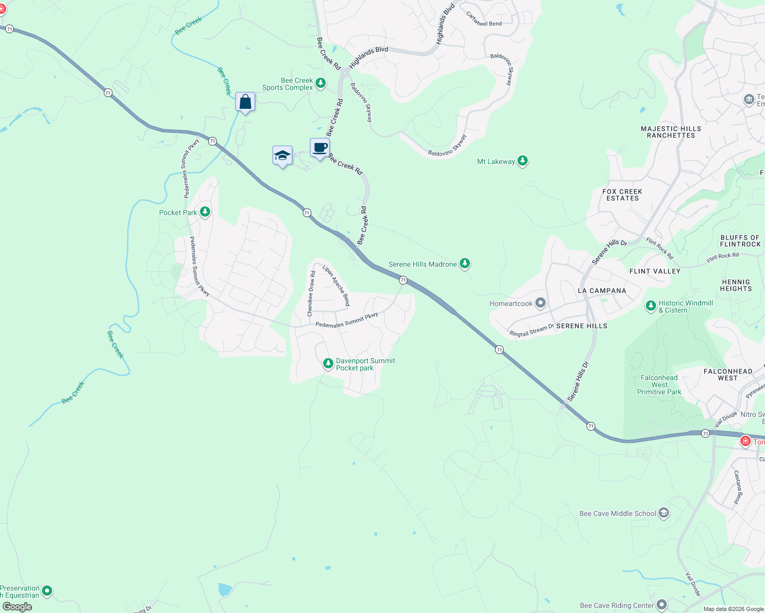 map of restaurants, bars, coffee shops, grocery stores, and more near 5408 Pedernales Summit Parkway in Spicewood