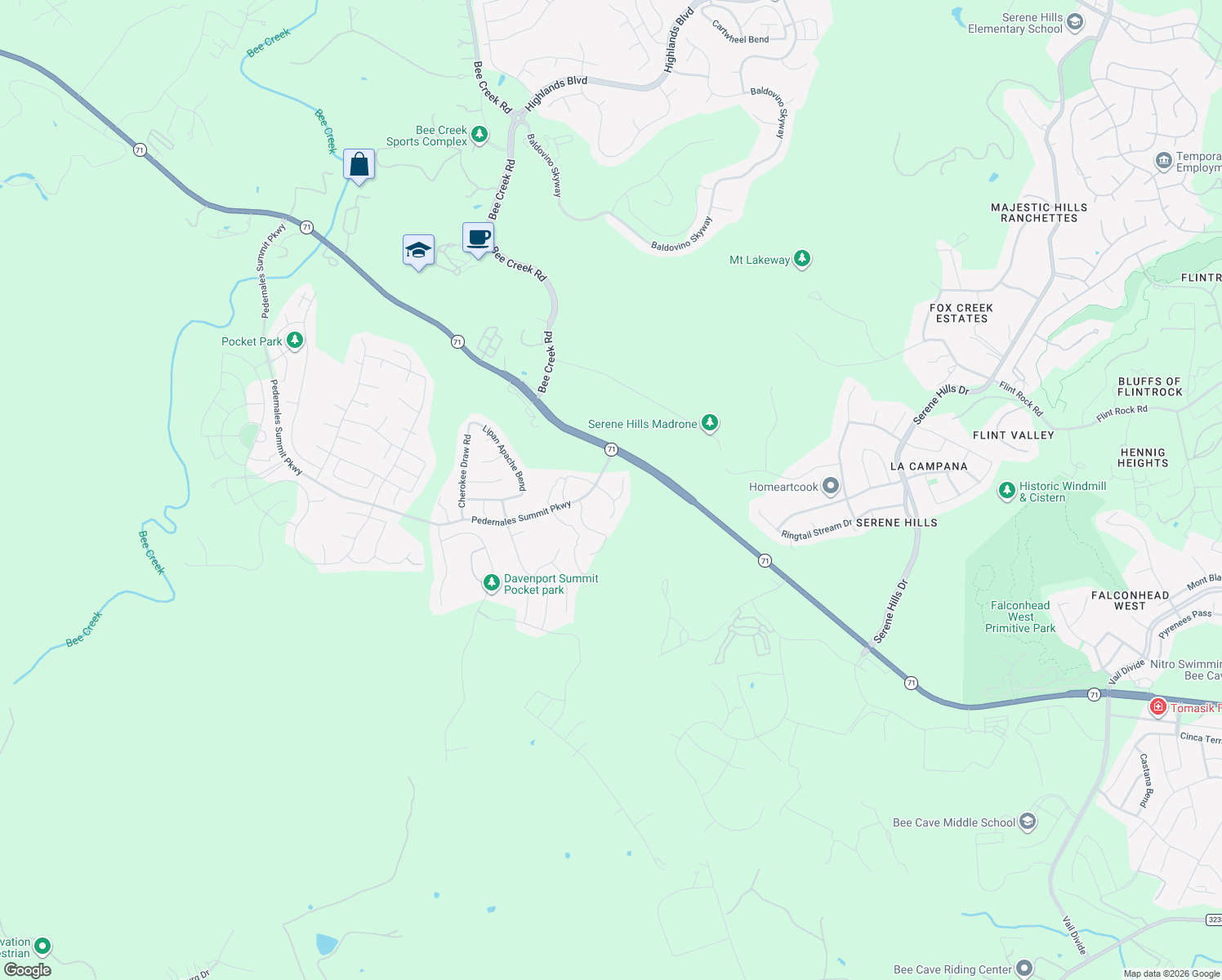 map of restaurants, bars, coffee shops, grocery stores, and more near 17816 Flowing Brook Drive in Austin
