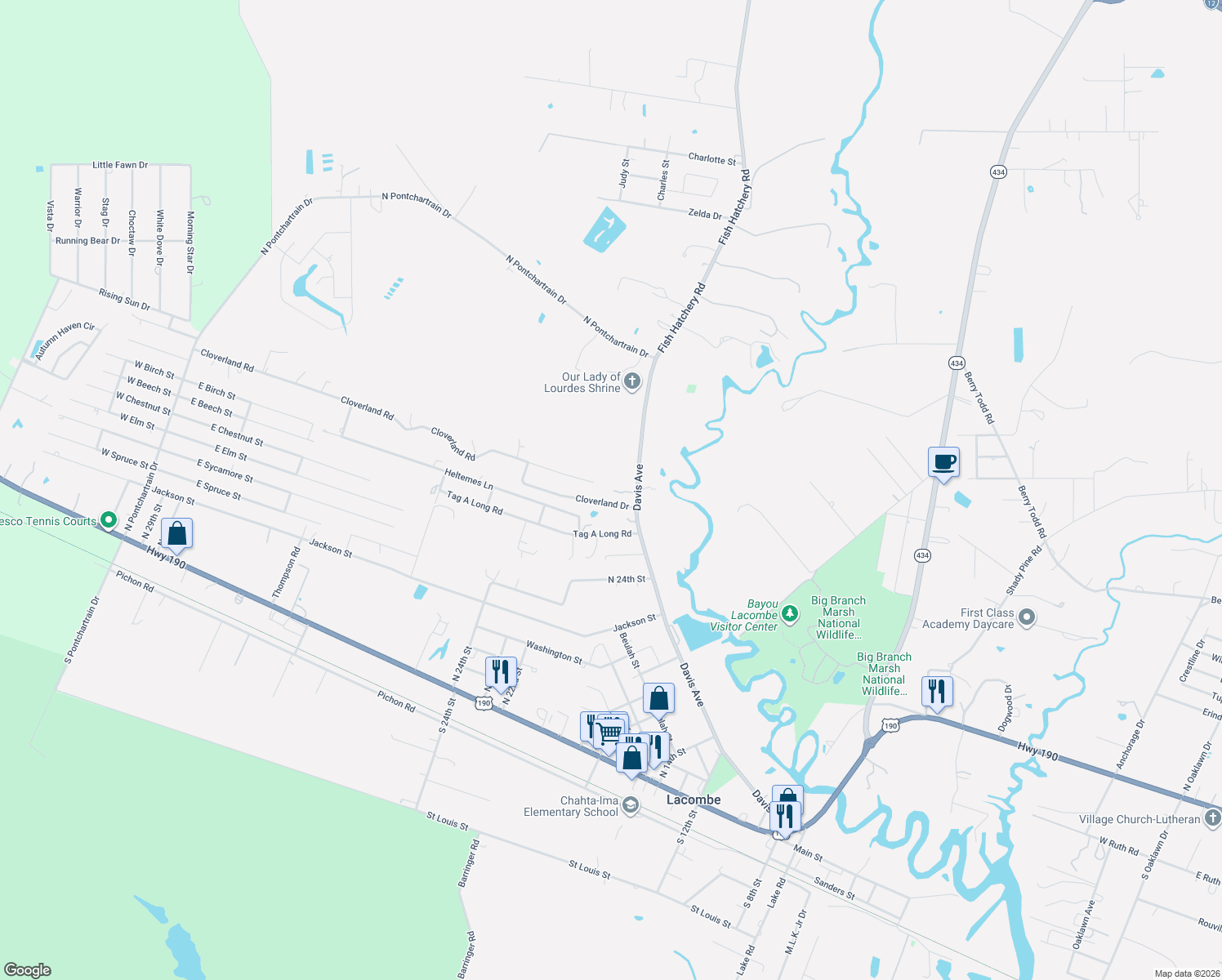 map of restaurants, bars, coffee shops, grocery stores, and more near 27330 Cloverland Drive in Lacombe