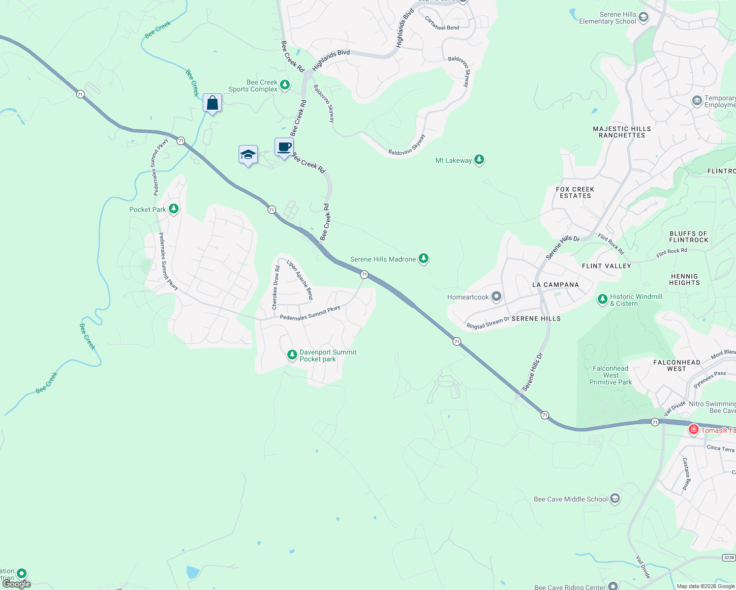 map of restaurants, bars, coffee shops, grocery stores, and more near 17816 Flowing Brook Drive in Austin