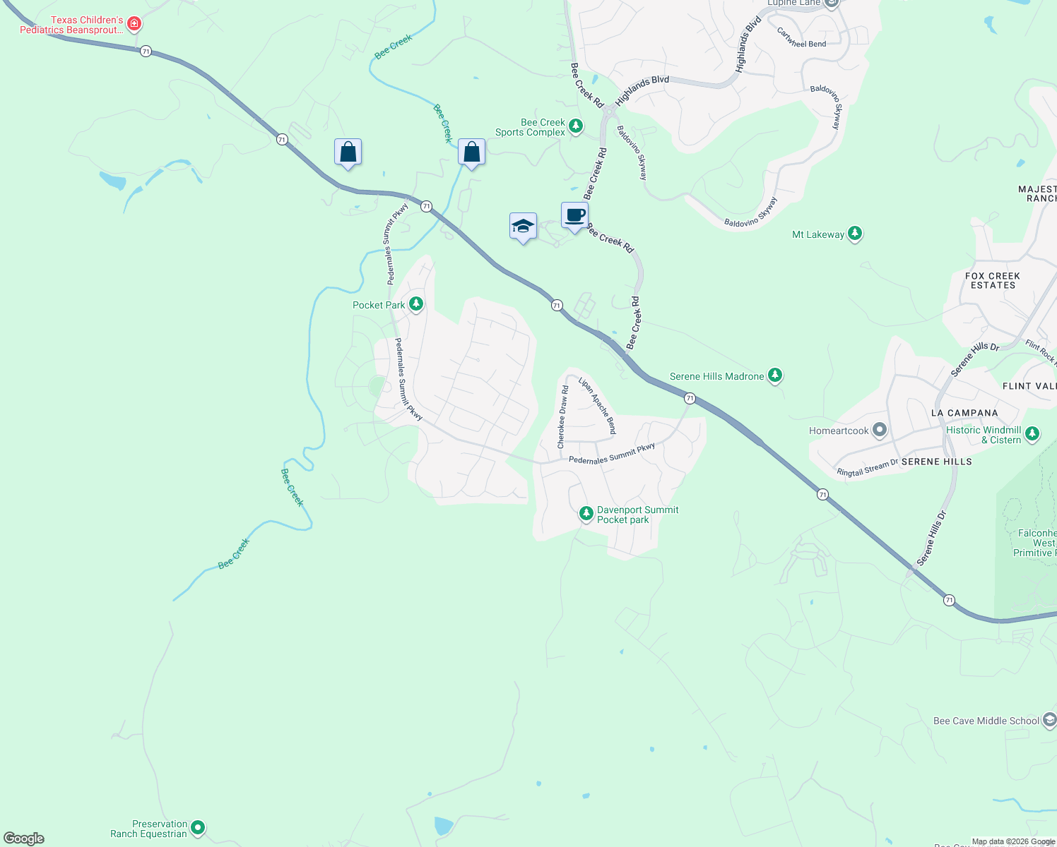 map of restaurants, bars, coffee shops, grocery stores, and more near 18408 Deep Well Drive in Austin