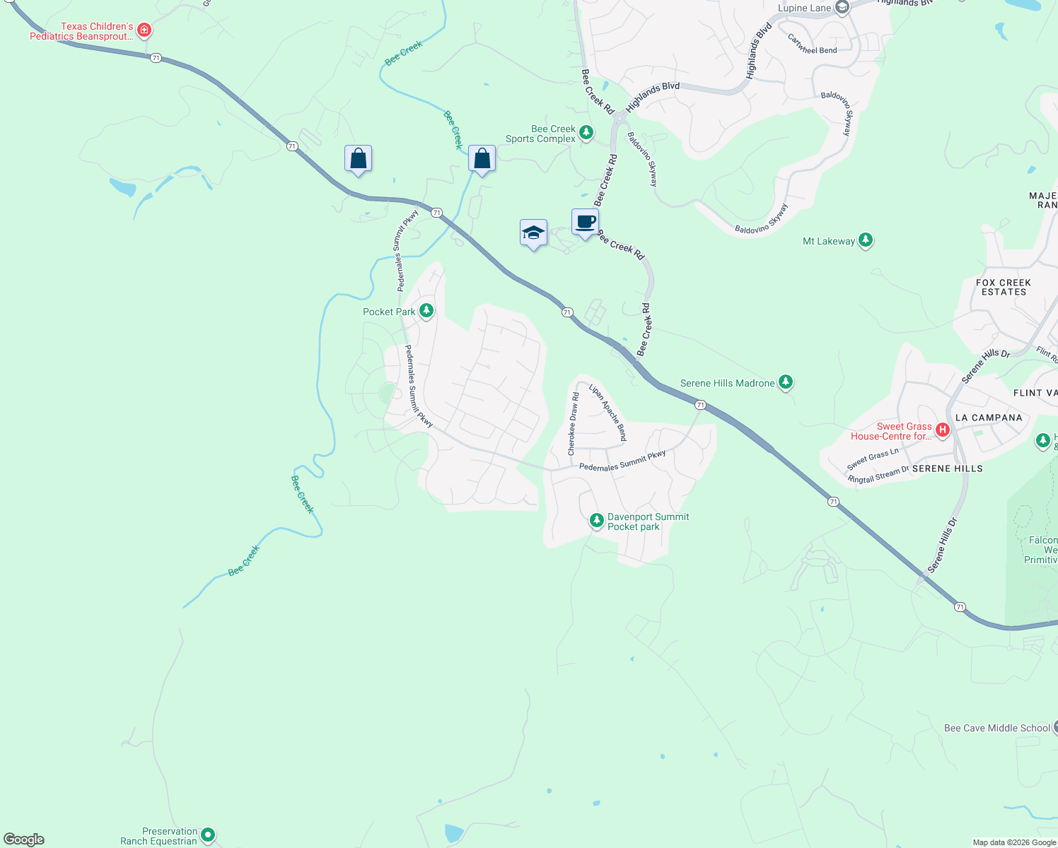 map of restaurants, bars, coffee shops, grocery stores, and more near 18408 Deep Well Drive in Austin