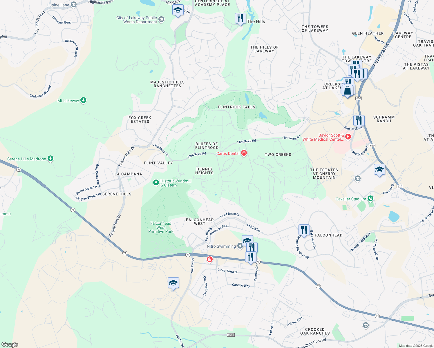 map of restaurants, bars, coffee shops, grocery stores, and more near 16204 Steven Wayne Court in Austin