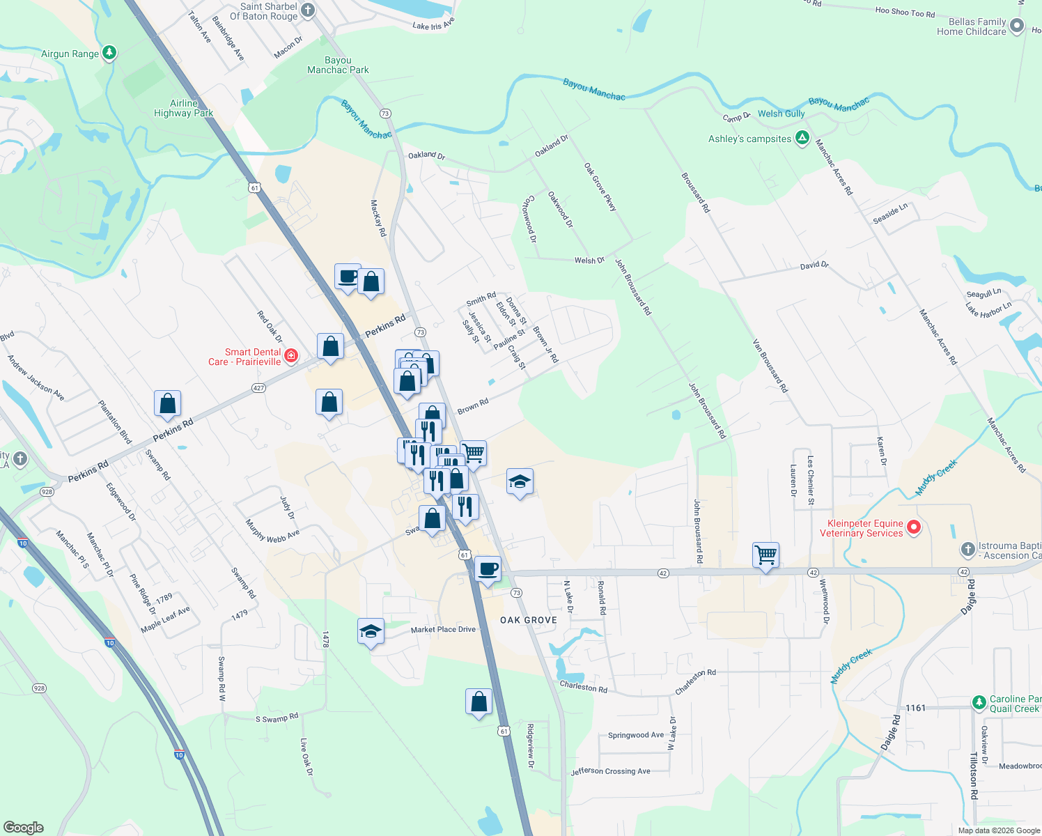 map of restaurants, bars, coffee shops, grocery stores, and more near 38118 Floyd Webb in Prairieville