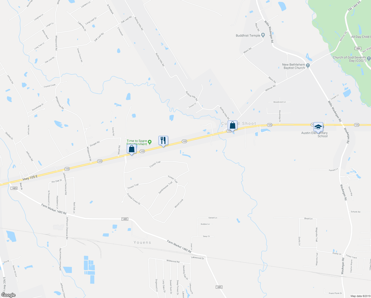 map of restaurants, bars, coffee shops, grocery stores, and more near 13350 Texas 105 in Conroe