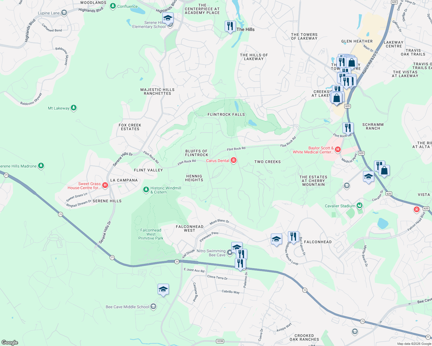 map of restaurants, bars, coffee shops, grocery stores, and more near 16219 Flintrock Road in Austin