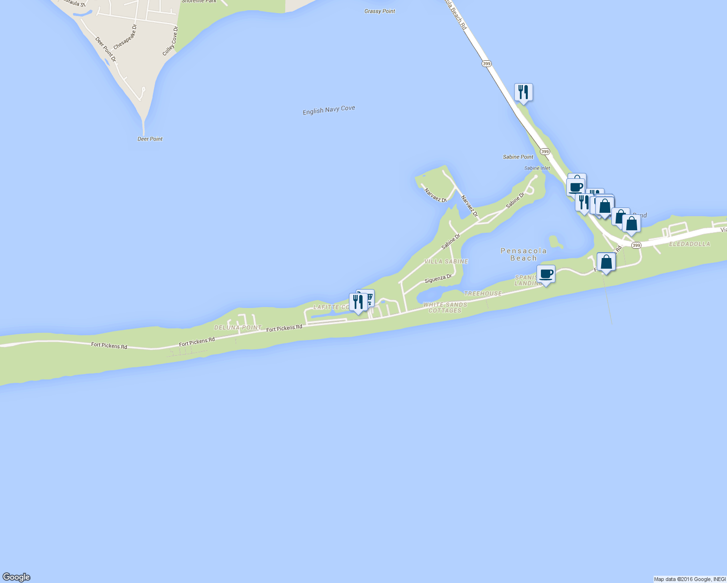 map of restaurants, bars, coffee shops, grocery stores, and more near 113 Le Port Drive in Pensacola Beach