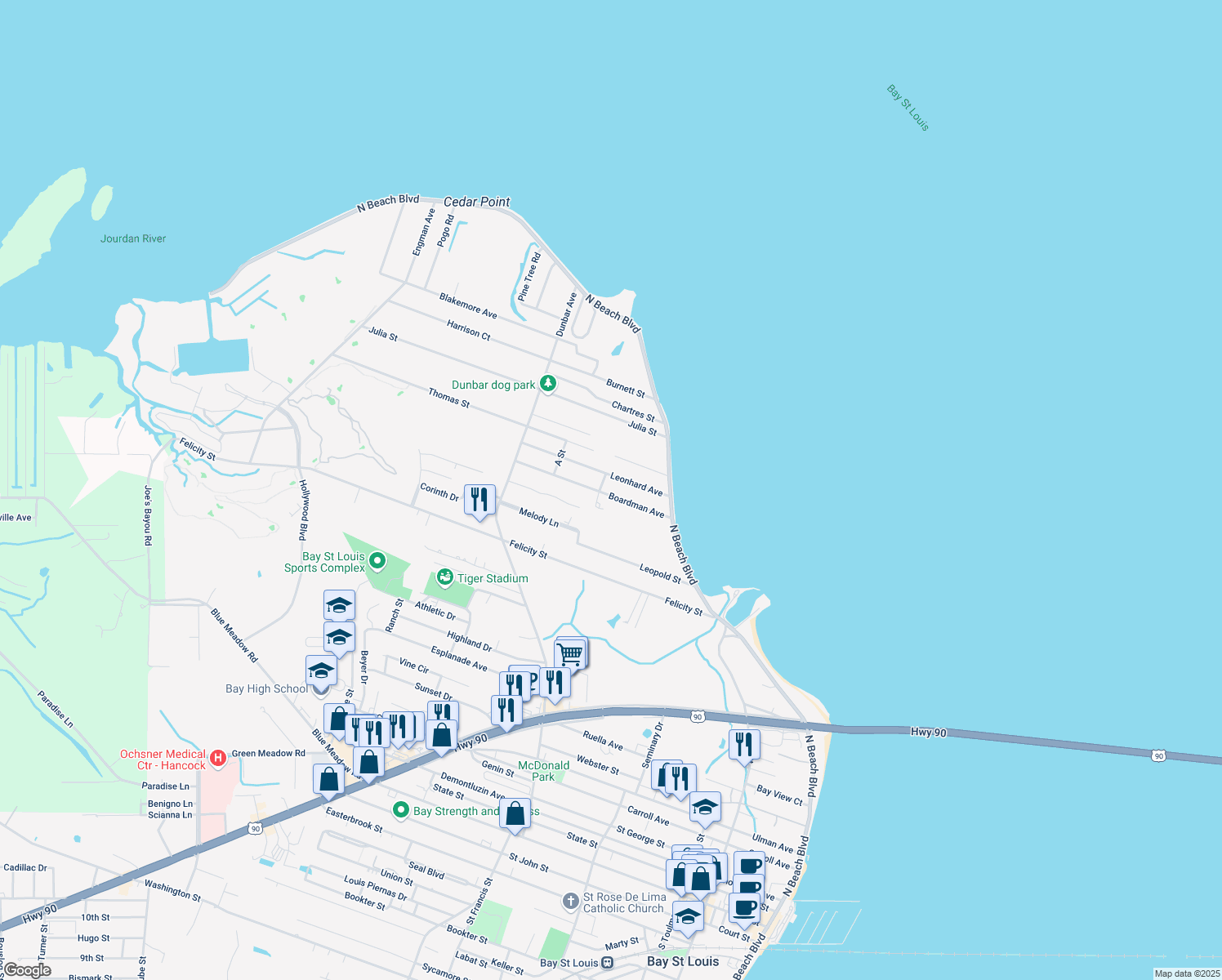 map of restaurants, bars, coffee shops, grocery stores, and more near 123 Boardman Avenue in Bay St. Louis