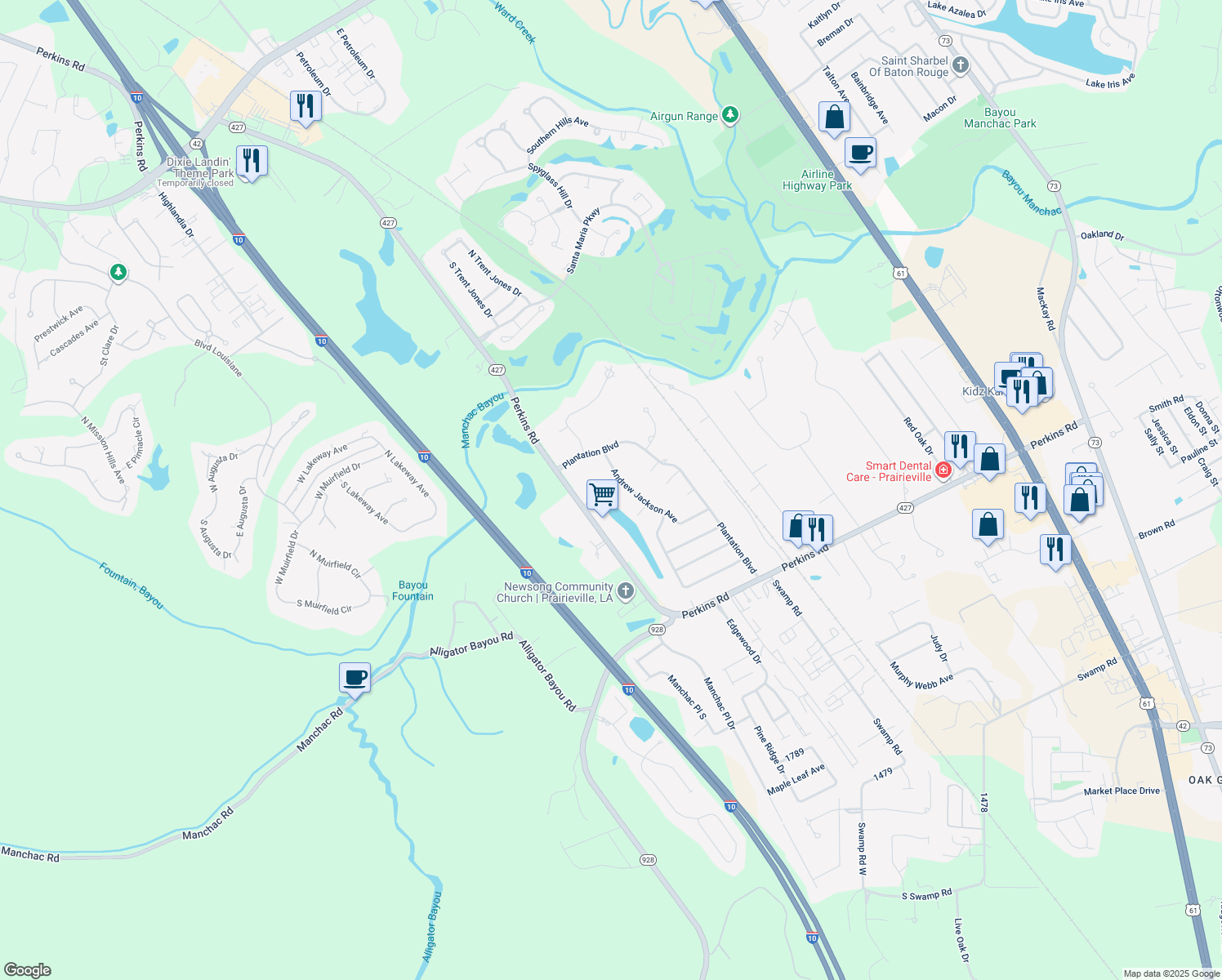 map of restaurants, bars, coffee shops, grocery stores, and more near 18621 Andrew Jackson Avenue in Prairieville