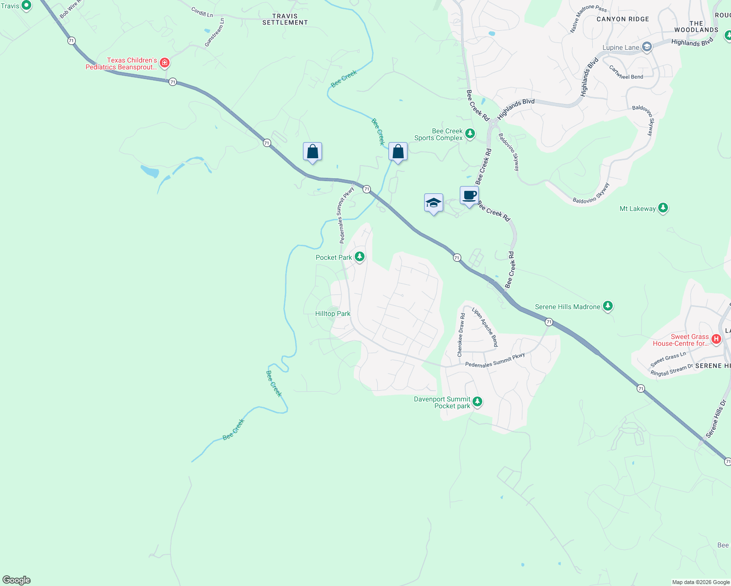 map of restaurants, bars, coffee shops, grocery stores, and more near 6500 Llano Stage Trail in Austin