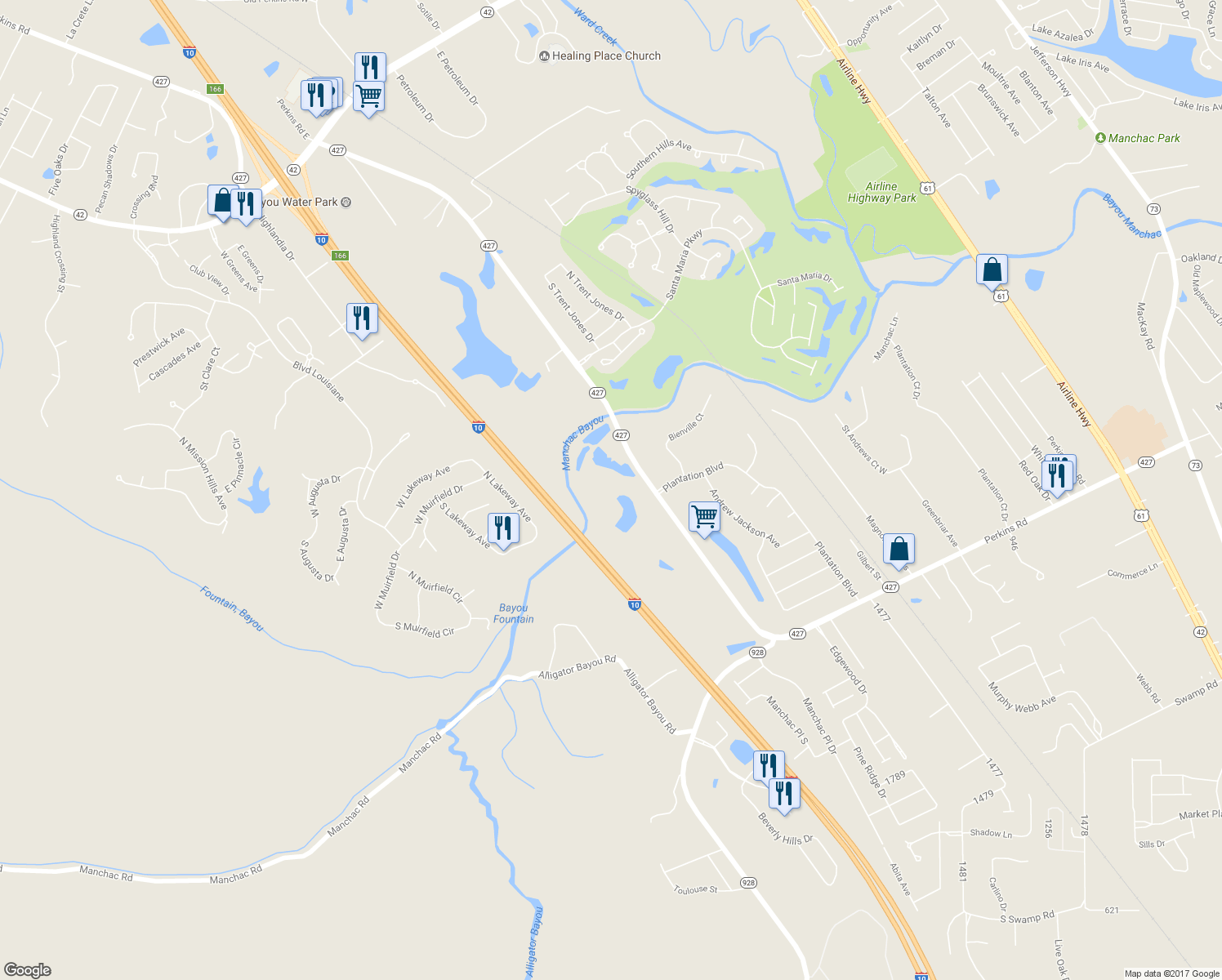 map of restaurants, bars, coffee shops, grocery stores, and more near 18765 Perkins Road in Prairieville