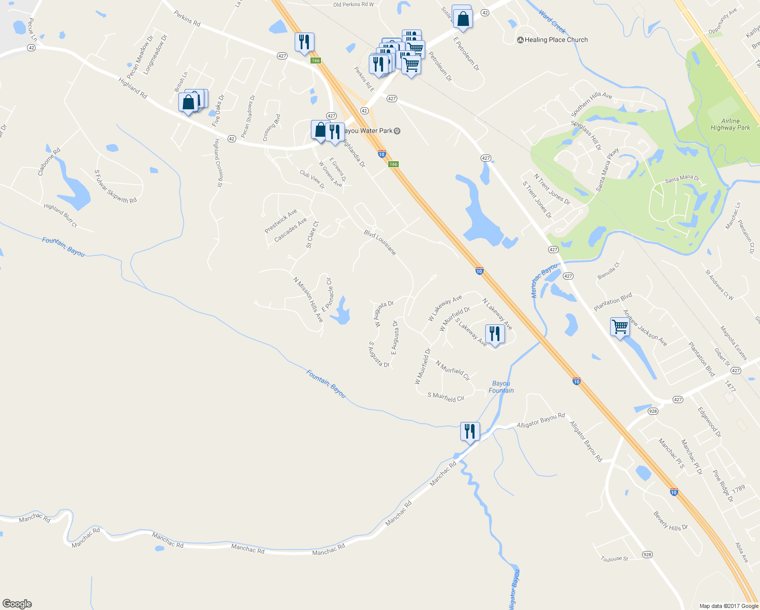 map of restaurants, bars, coffee shops, grocery stores, and more near 17906 Augusta Pointe Court in Baton Rouge