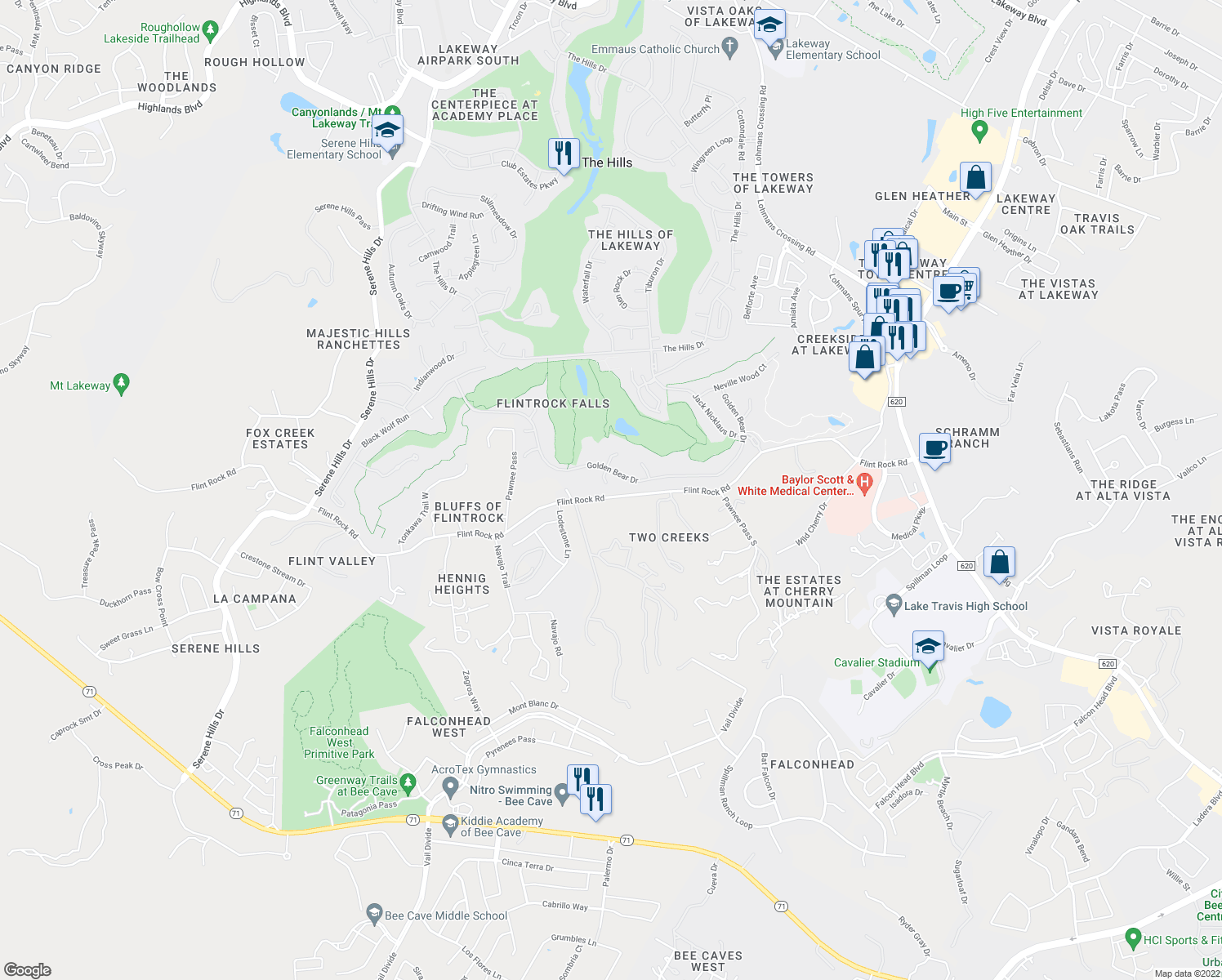 map of restaurants, bars, coffee shops, grocery stores, and more near 207 Cabo Del Sol Cove in Austin