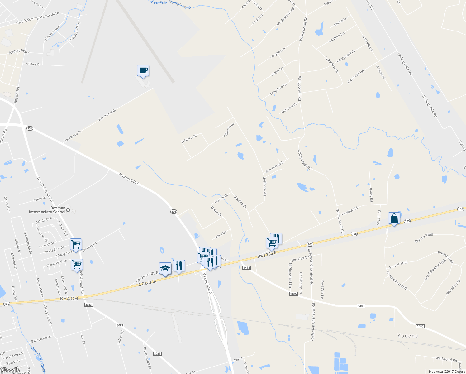 map of restaurants, bars, coffee shops, grocery stores, and more near 1552 Shellee Drive in Conroe