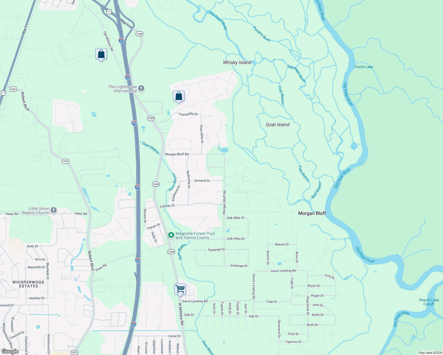 map of restaurants, bars, coffee shops, grocery stores, and more near 923 Morgan Bluff Road in Pearl River