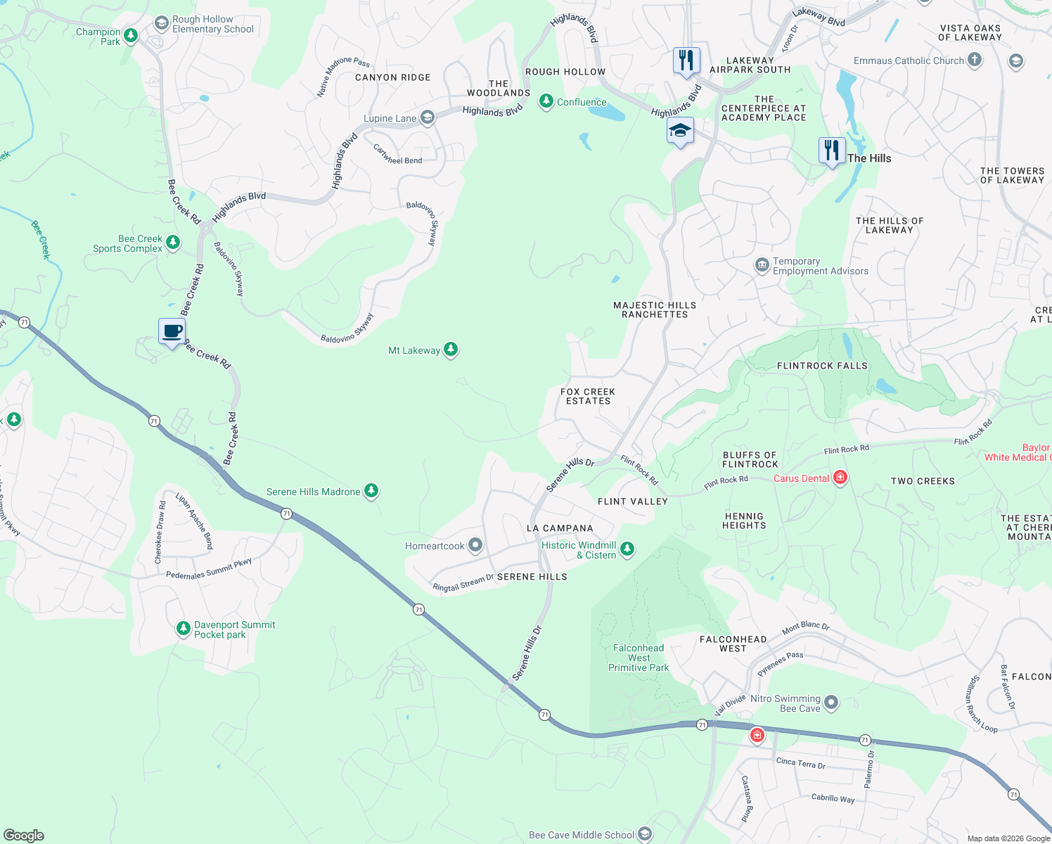 map of restaurants, bars, coffee shops, grocery stores, and more near 4408 Travis Vista Drive in Austin