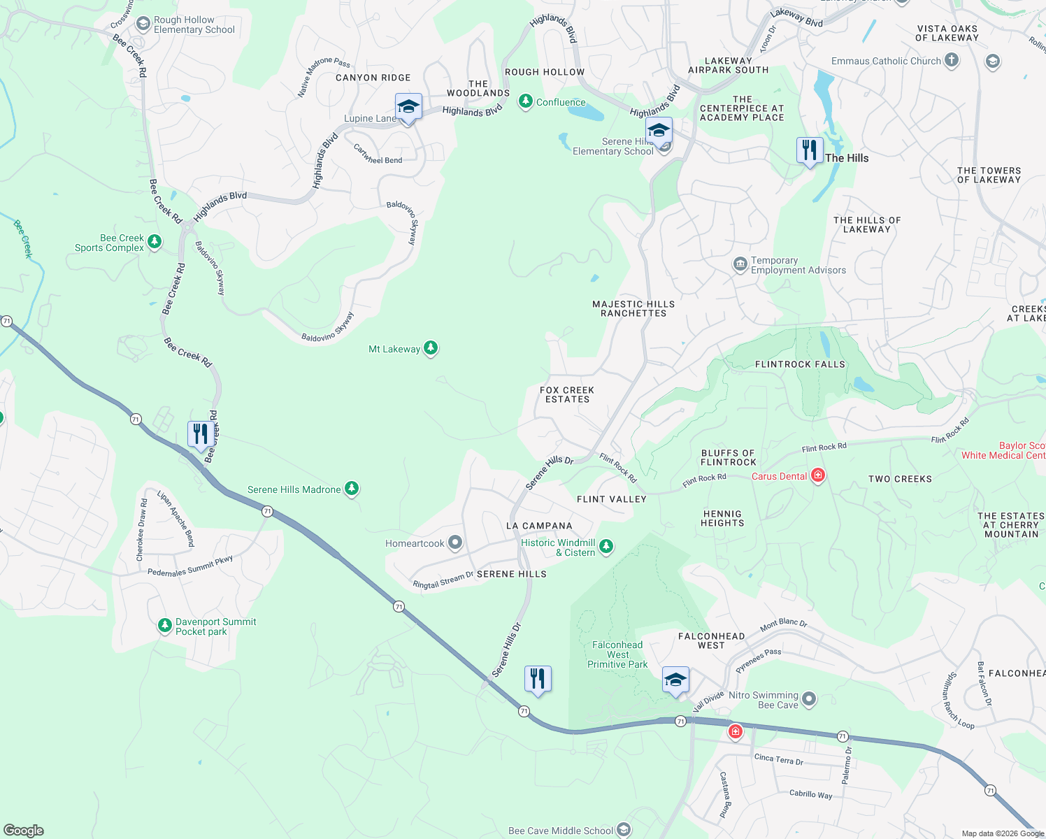 map of restaurants, bars, coffee shops, grocery stores, and more near 4408 Travis Vista Drive in Austin