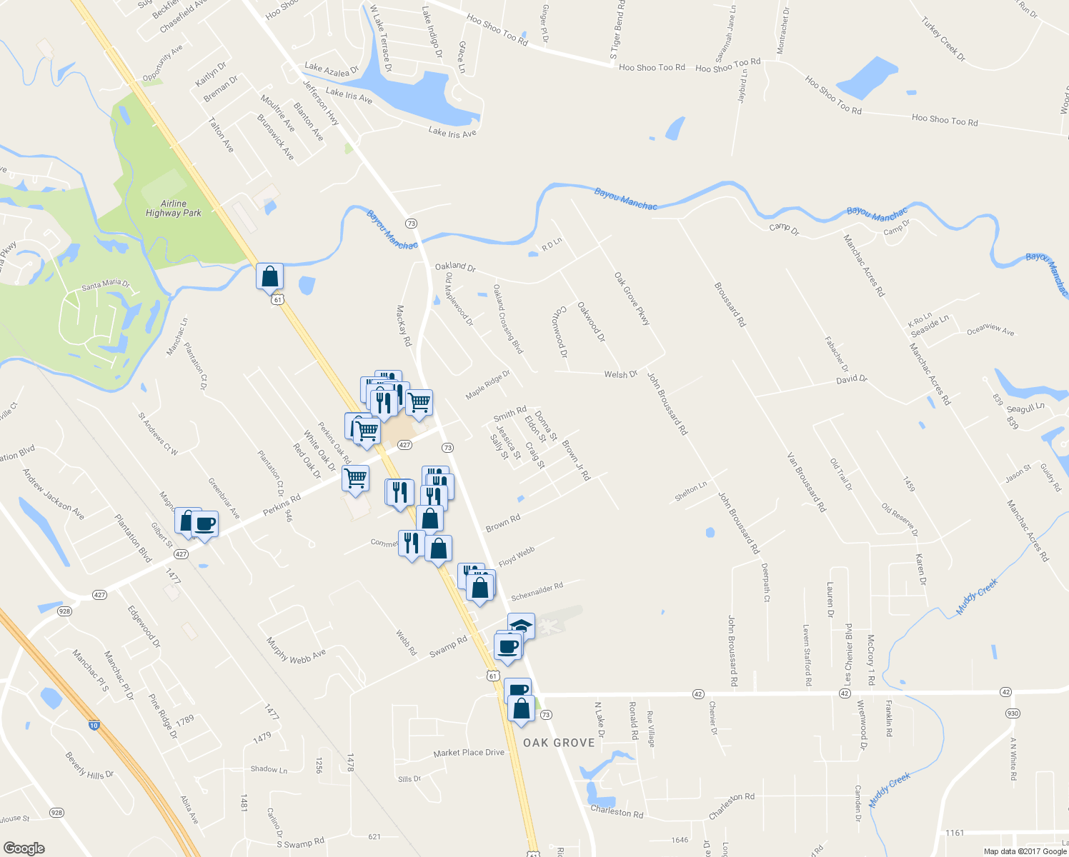 map of restaurants, bars, coffee shops, grocery stores, and more near 18363 Eldon Street in Prairieville