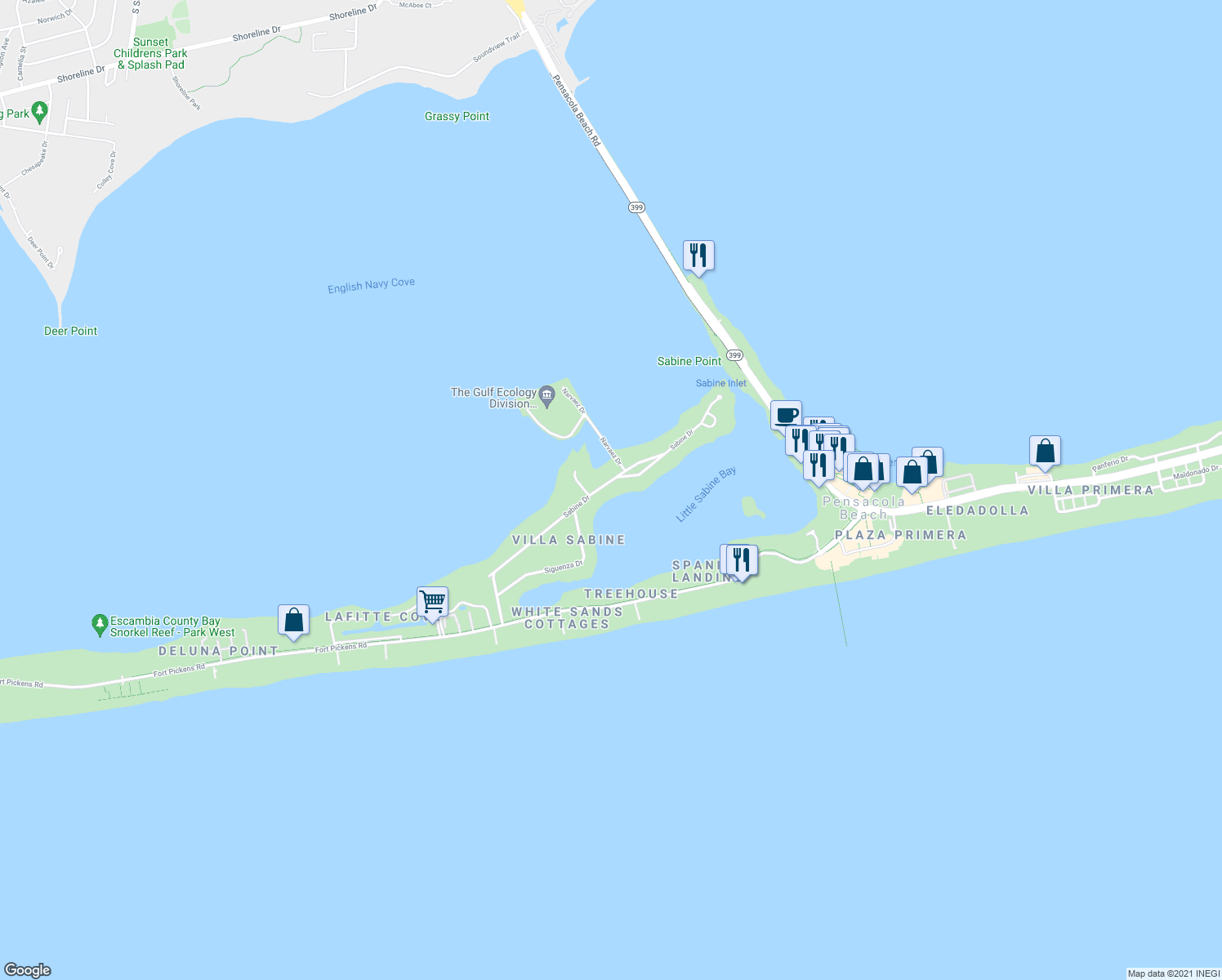 map of restaurants, bars, coffee shops, grocery stores, and more near 210 Sabine Drive in Pensacola Beach